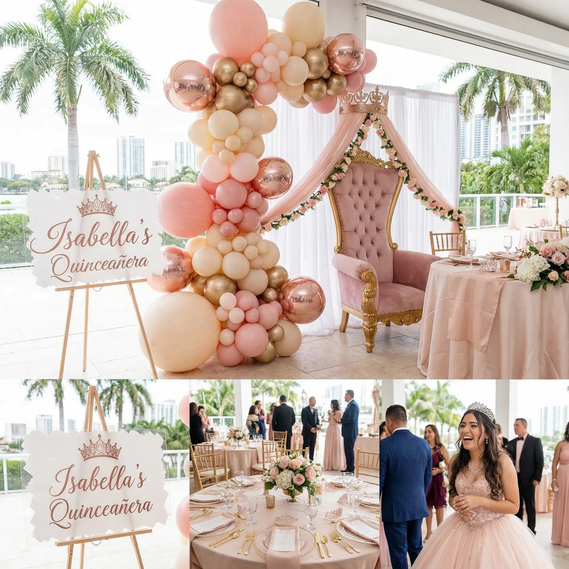 Quinceañera Miami — balloon arch and custom sign
