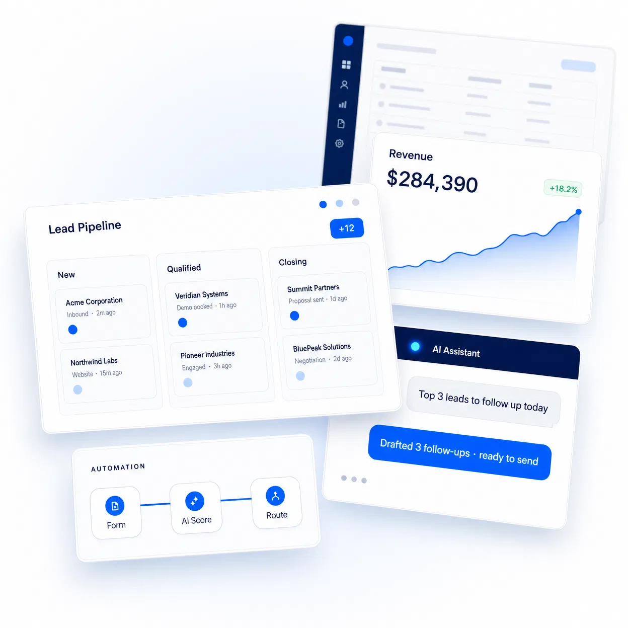 Connected systems, AI assistant, CRM pipeline and analytics composition