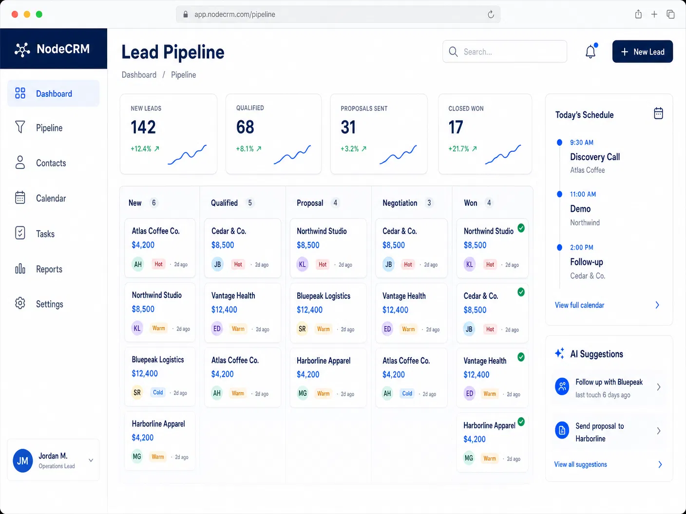 NodeCRM — Lead Pipeline & Scheduling