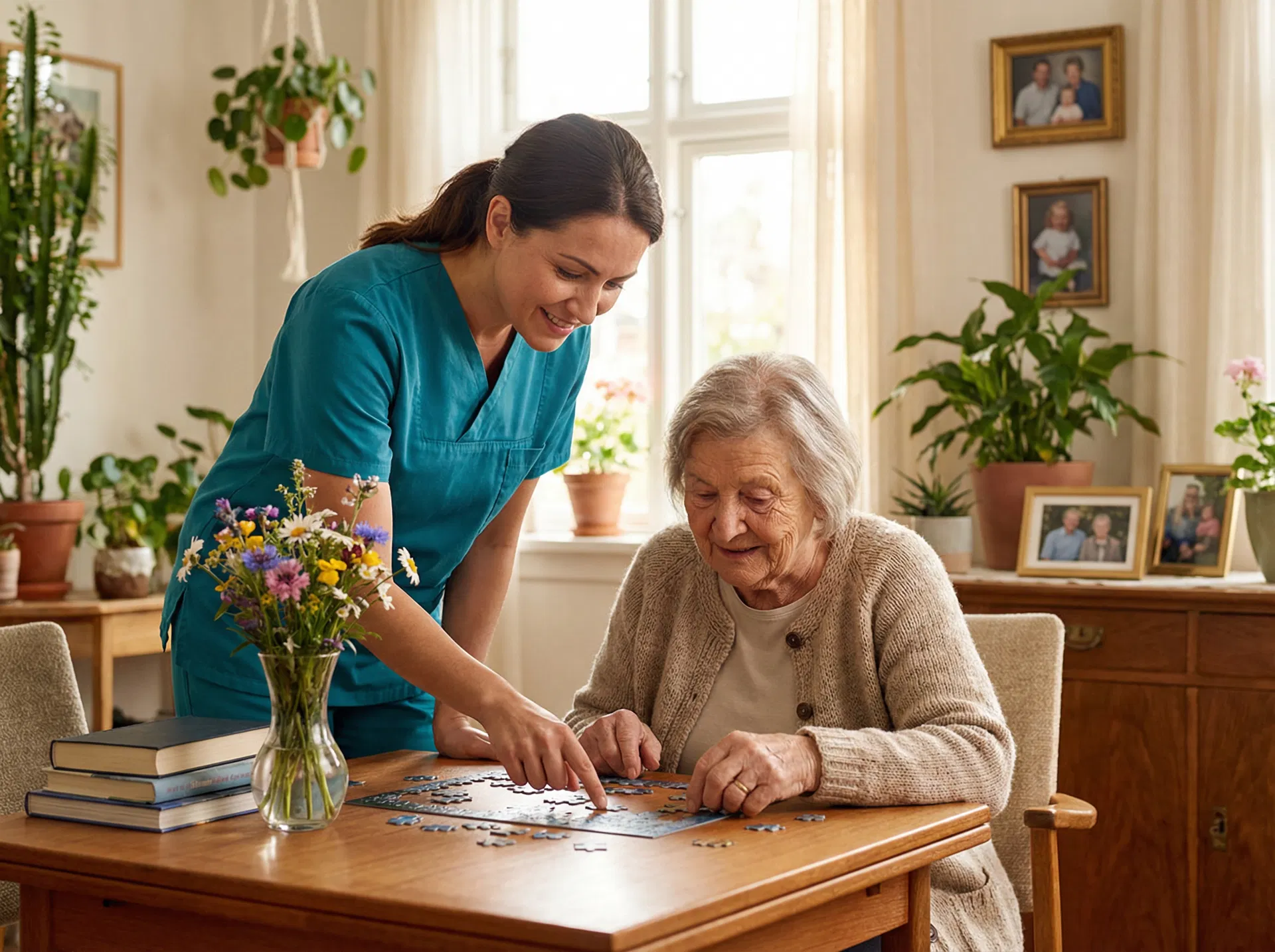 Pflegerin macht ein Puzzle mit einer älteren Dame – einfühlsame Demenzbetreuung