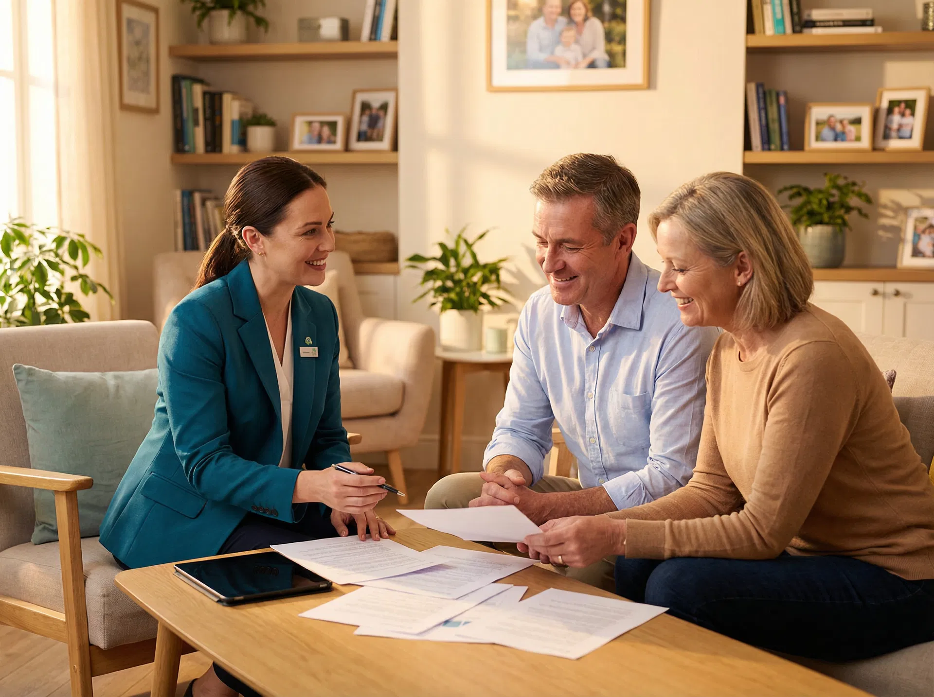 Beratungsgespräch zwischen Betreuungsdienstmitarbeiterin und einem Ehepaar