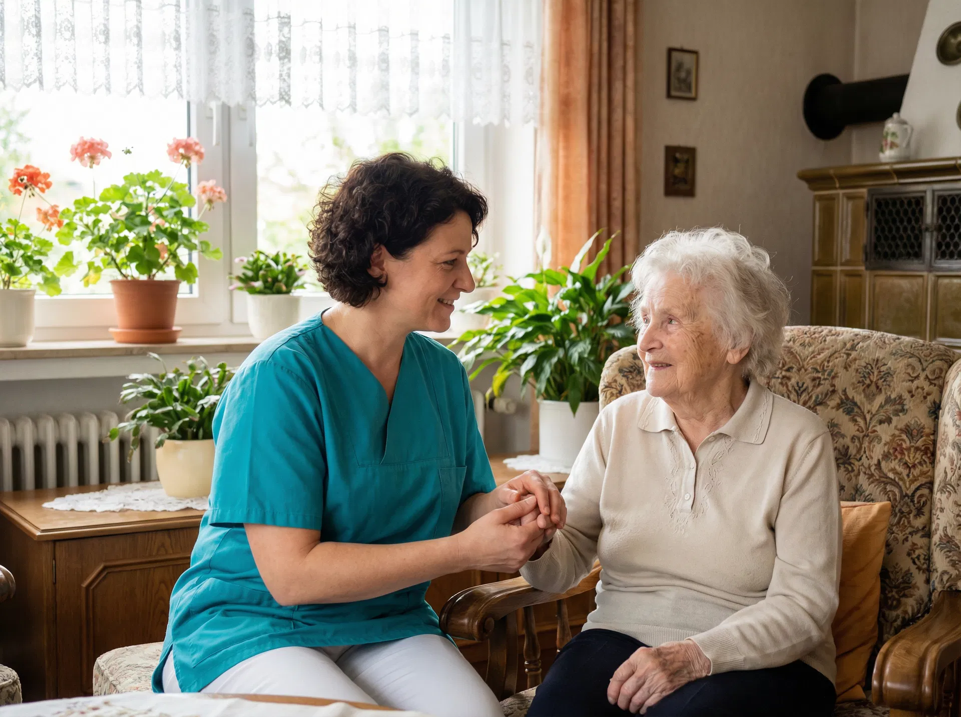 Pflegerin hält die Hand einer älteren Dame in einem gemütlichen Wohnzimmer
