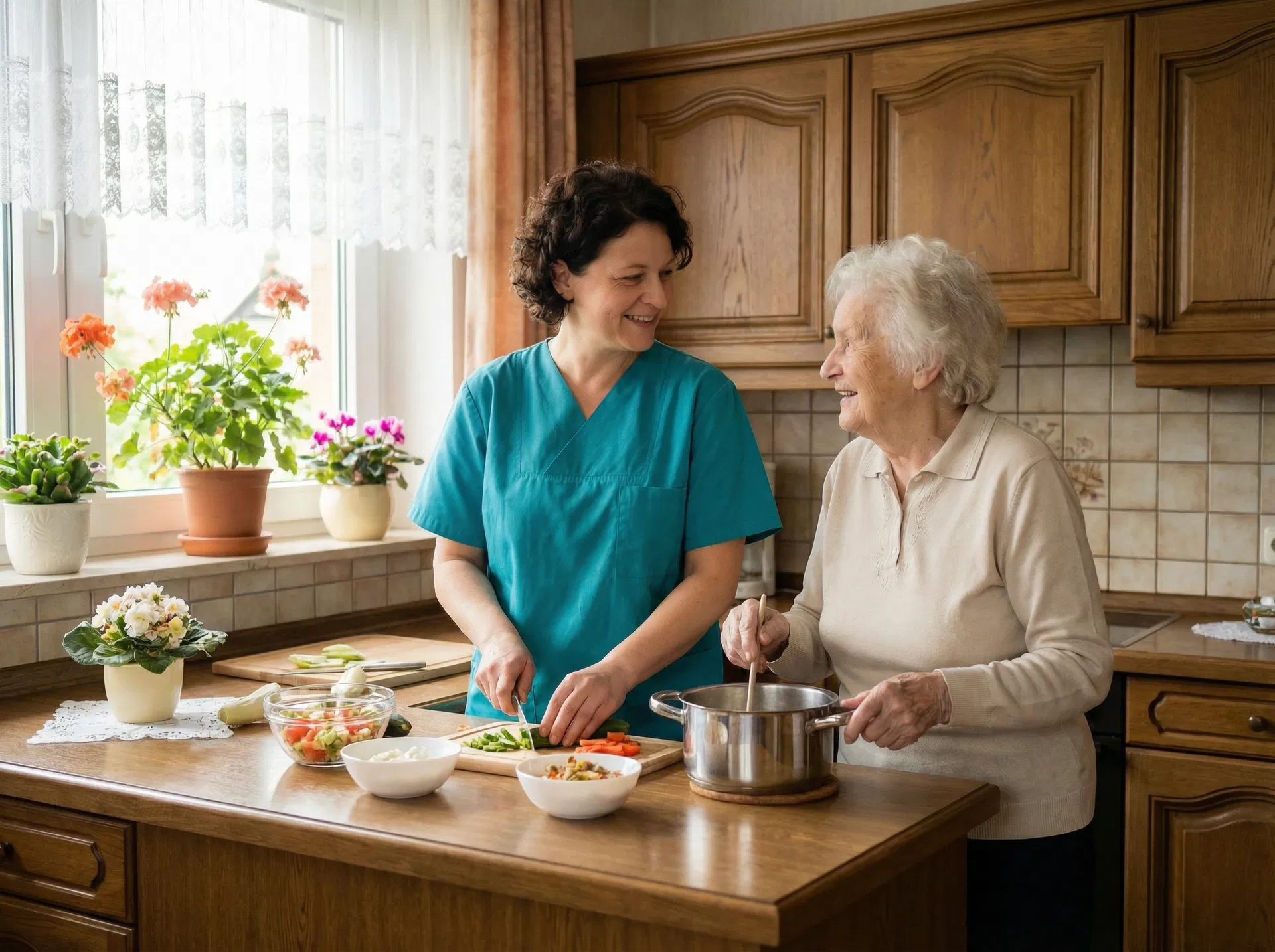 Pflegerin und ältere Dame kochen gemeinsam in einer gemütlichen deutschen Küche