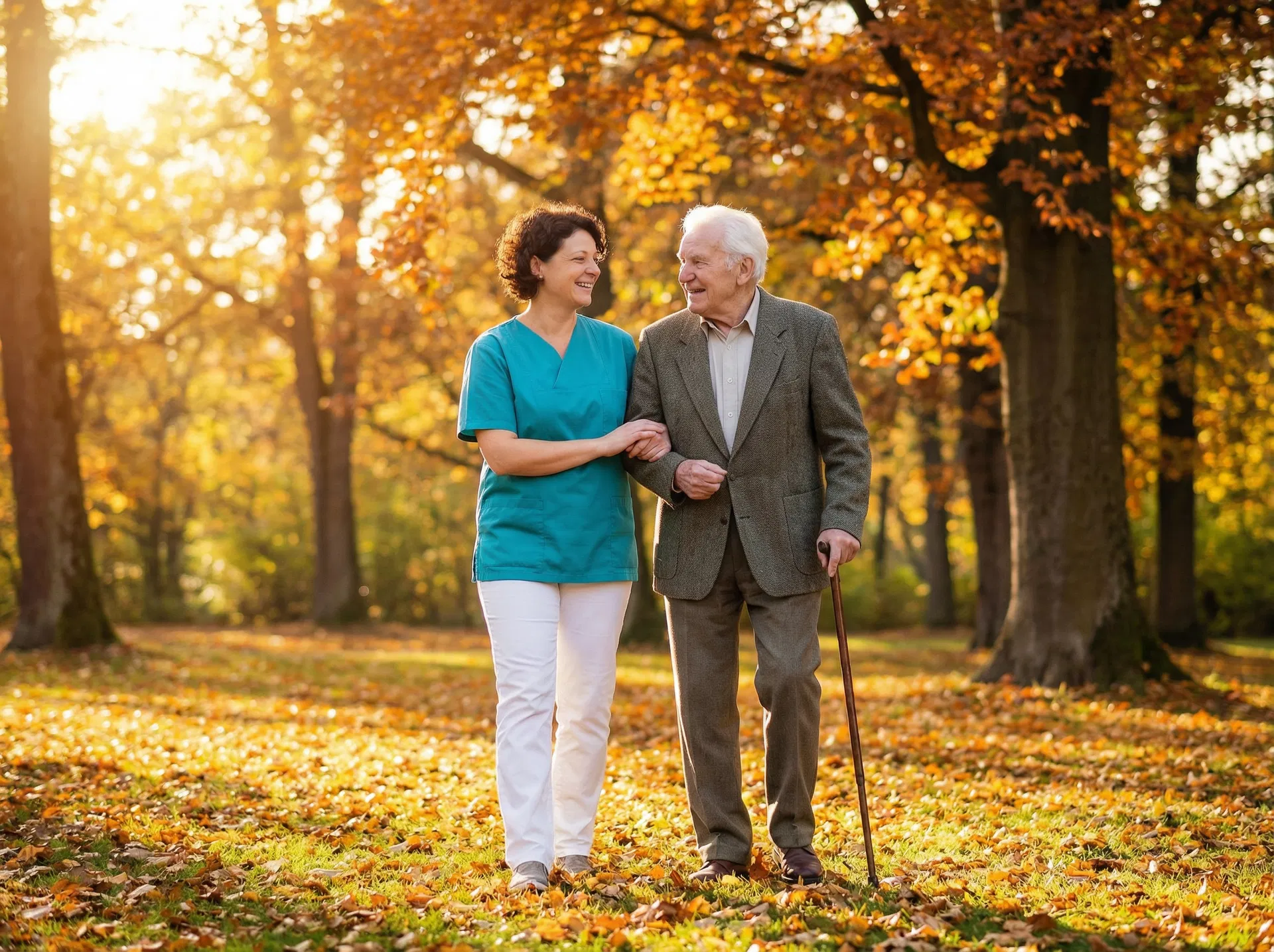 Pflegerin begleitet älteren Herrn bei einem Spaziergang im herbstlichen Park