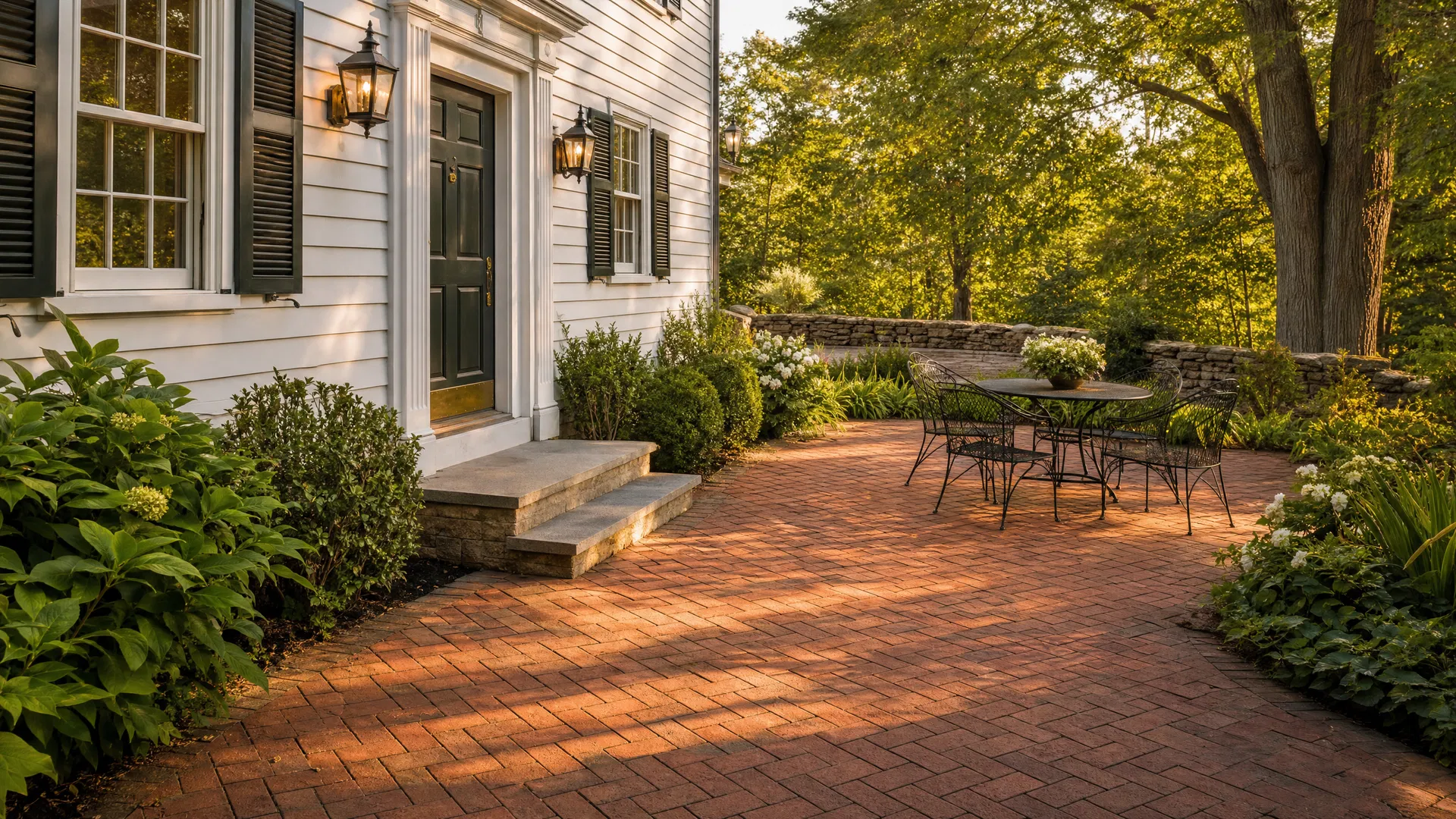 Beautiful brick patio with herringbone pattern
