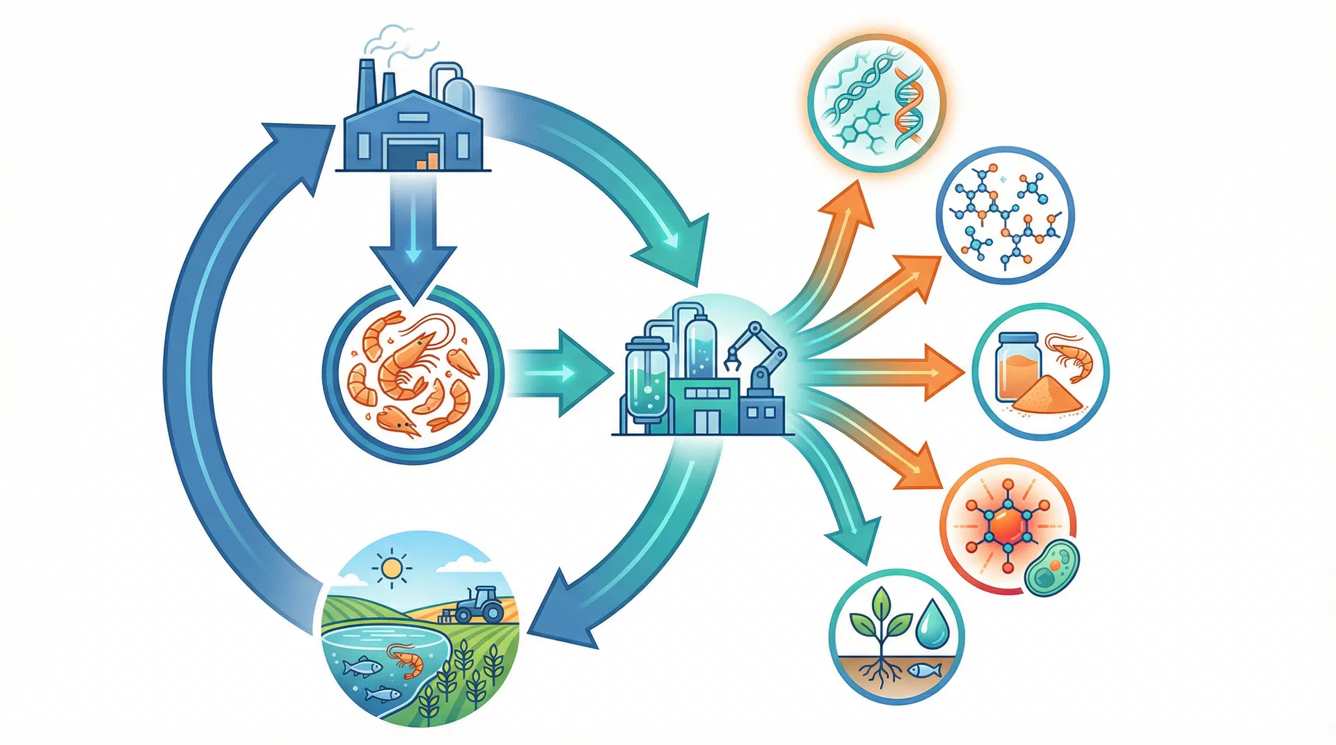 Circular economy diagram showing shrimp by-product valorization