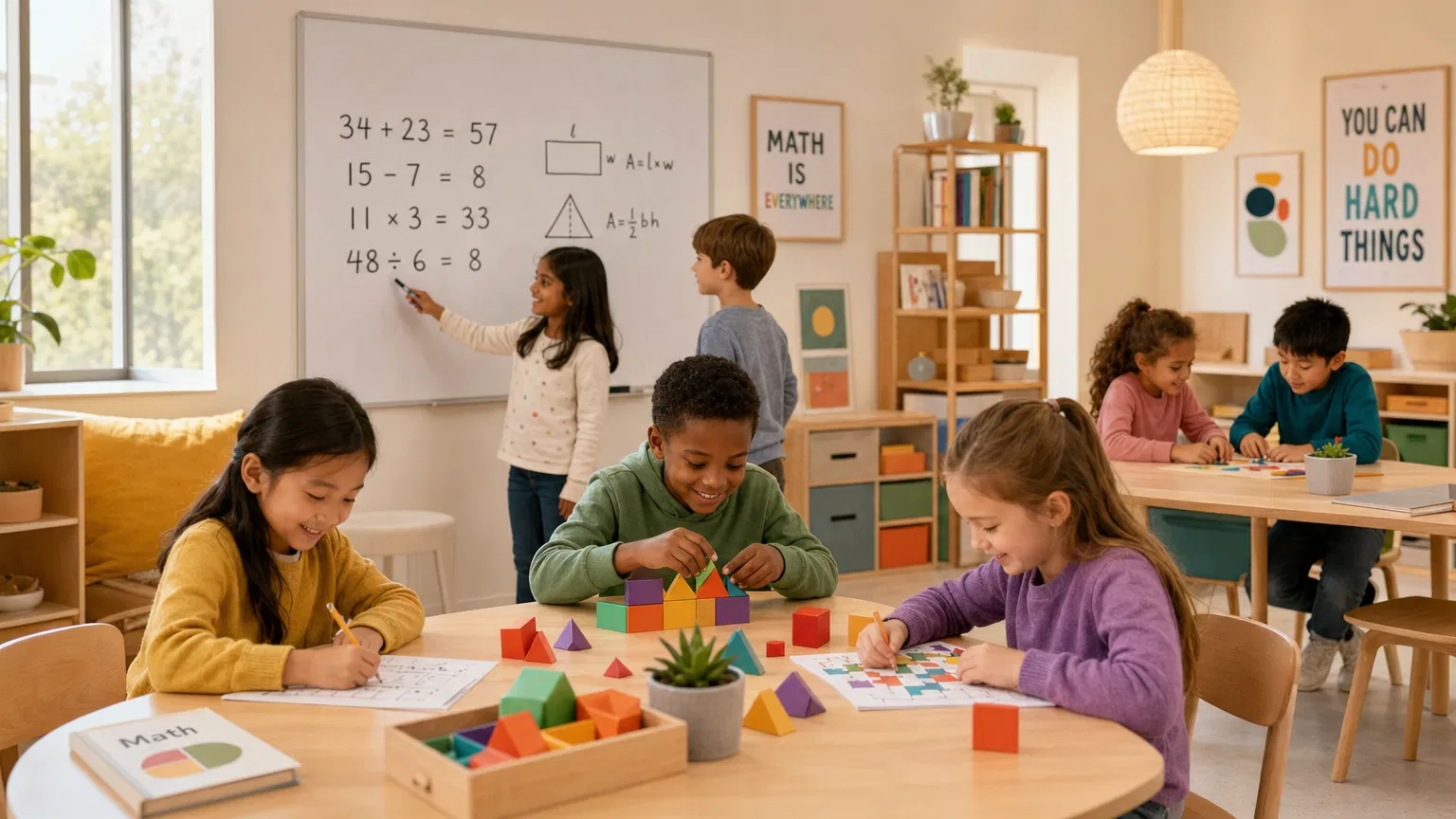 Children learning mathematics in a warm, modern classroom