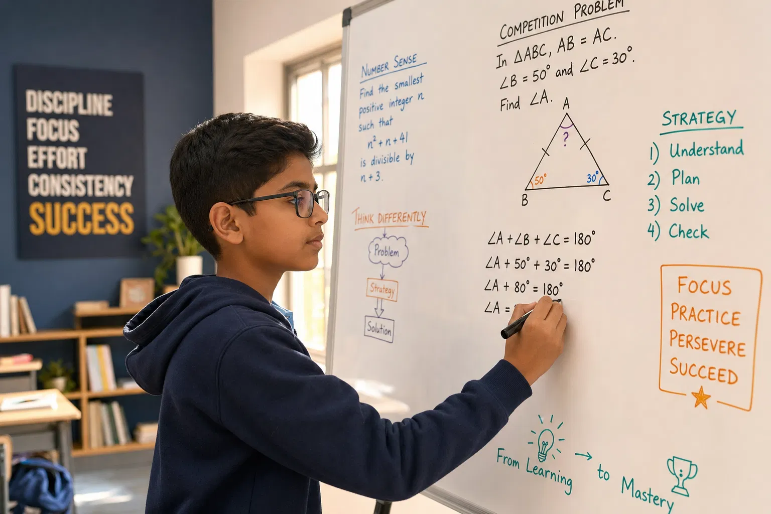 Student working on competition-level mathematics at a whiteboard