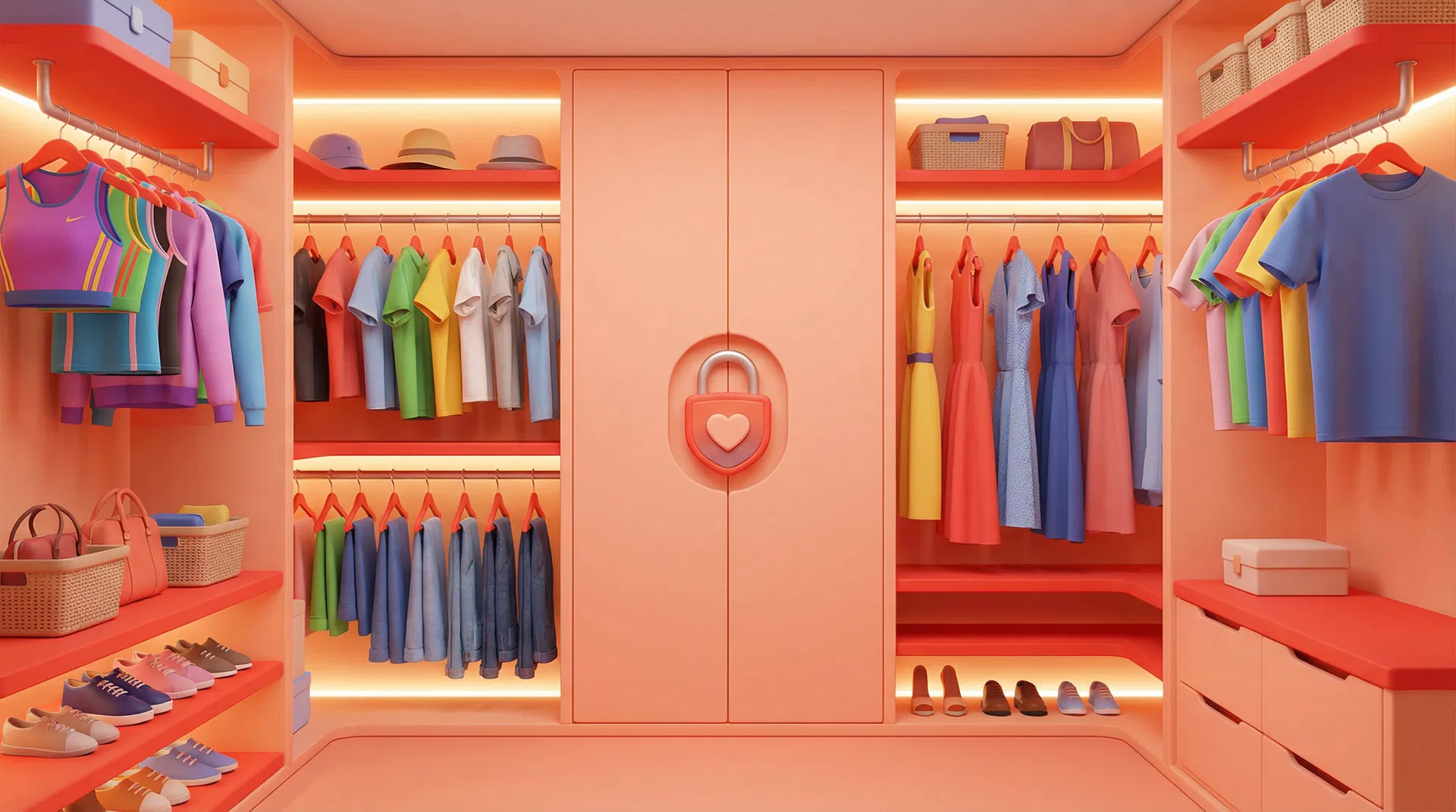 Colorful walk-in closet with diverse clothing for all sizes