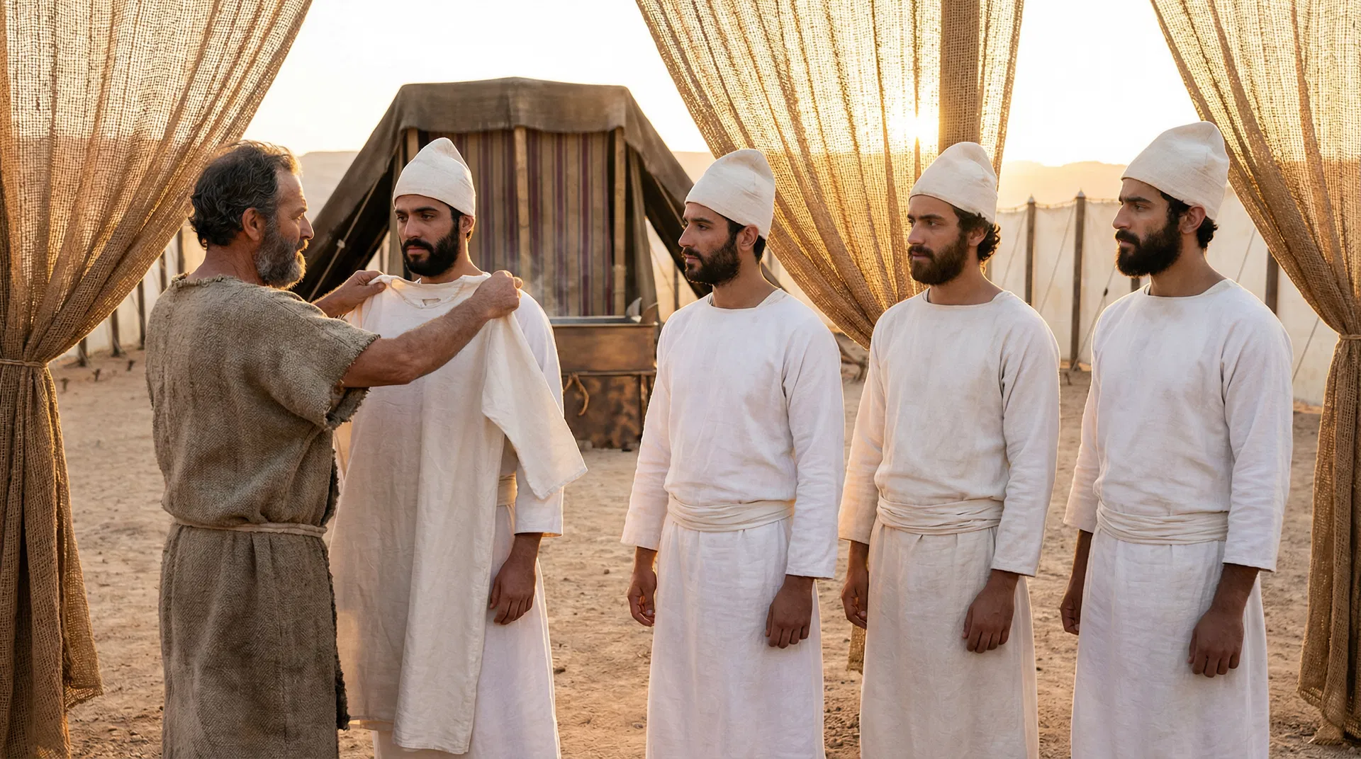 Moses Clothes Aaron's Sons in Priestly Garments