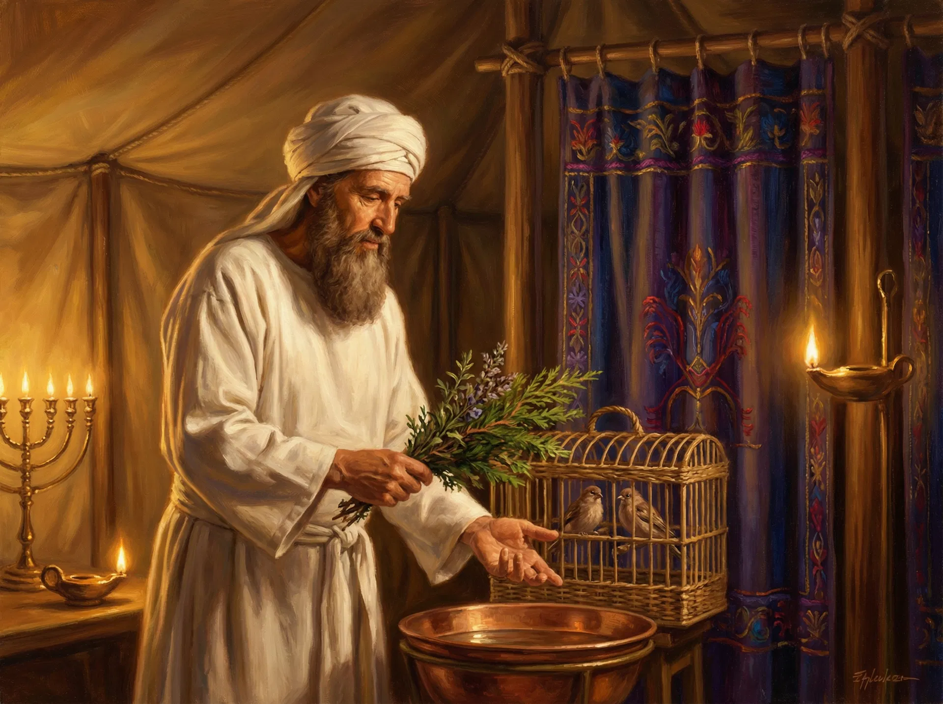 The priest performing the purification ritual with cedarwood, hyssop, and two birds