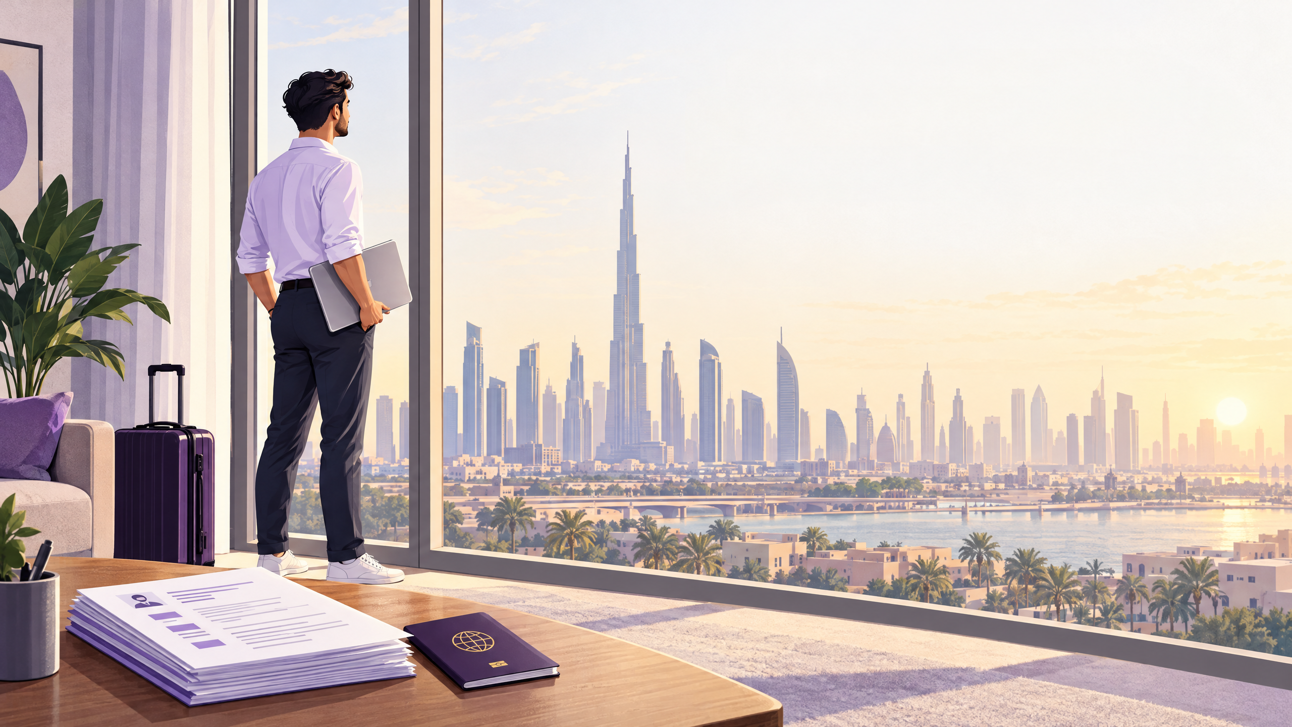 Illustration of a job seeker on a video interview at a home desk with the Dubai skyline behind him