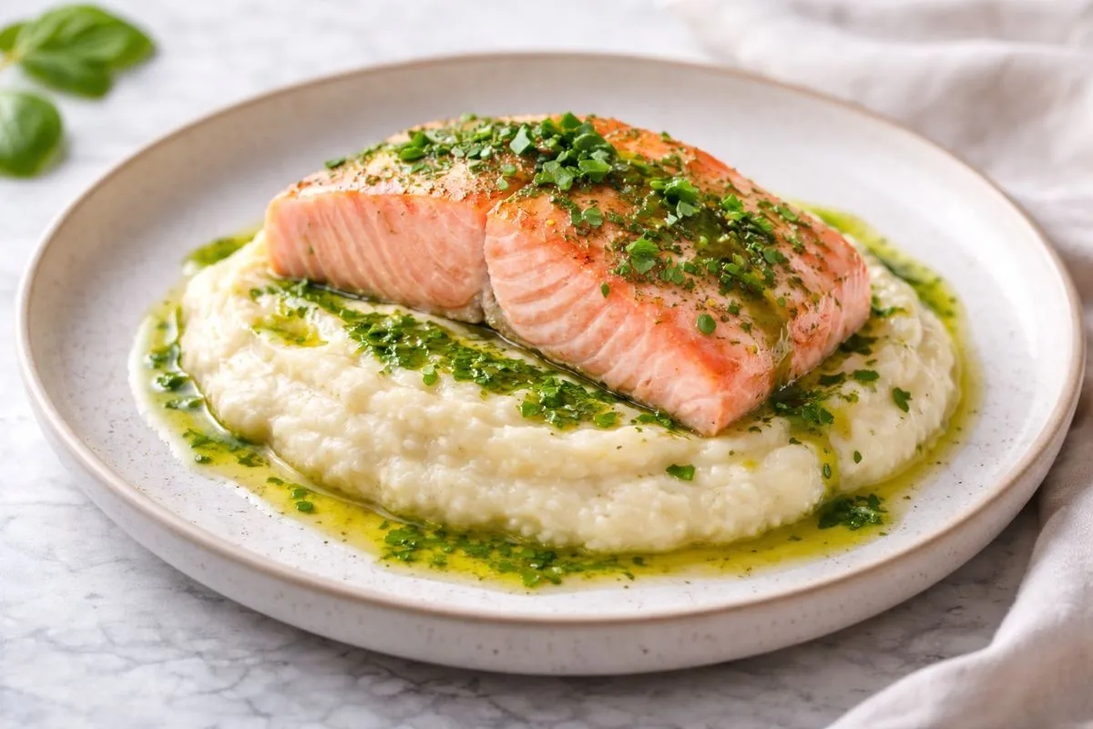Sous-vide Lachs auf Blumenkohlcreme mit Kräuteröl