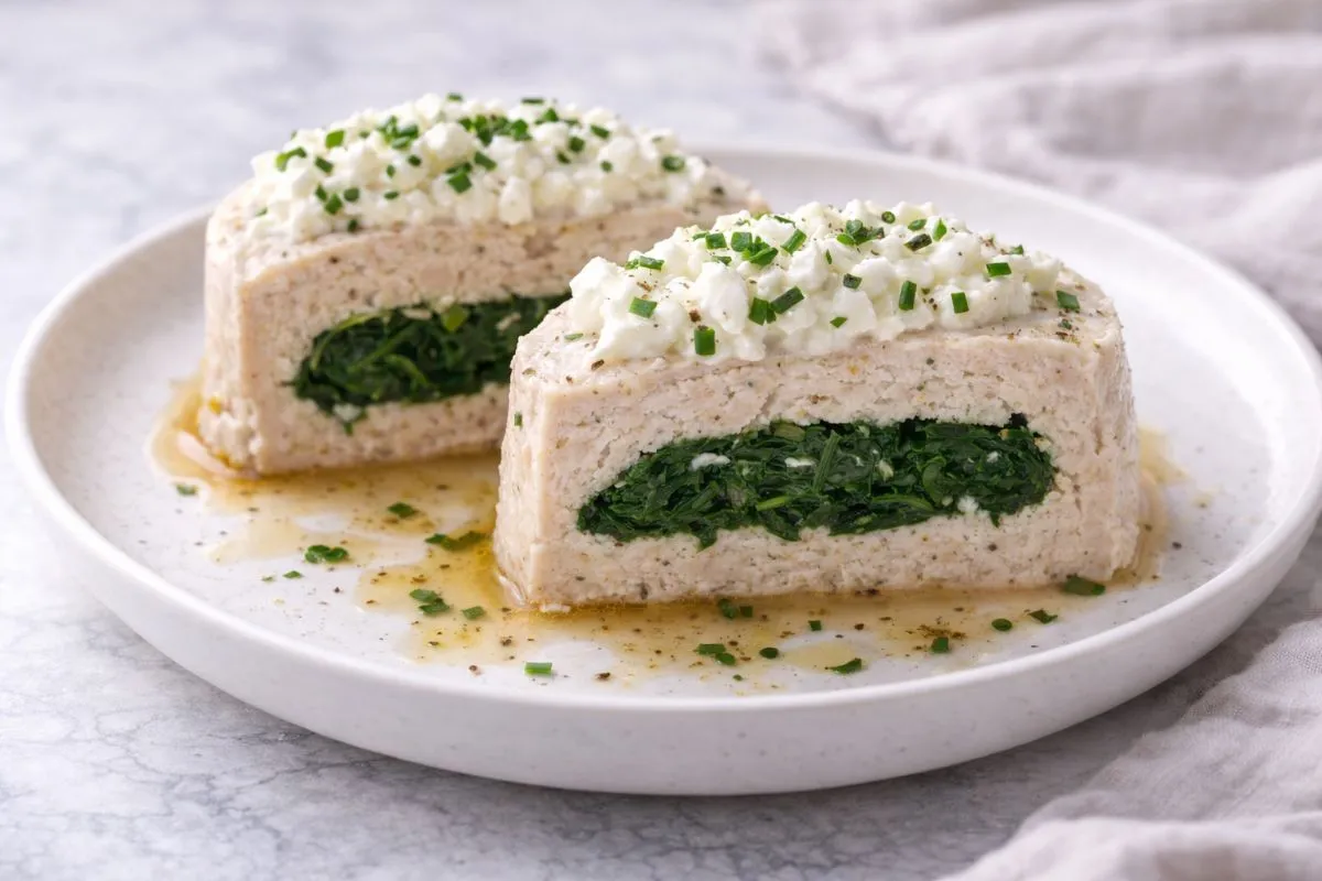 Hähnchenterrine mit Spinatkern und Quarkhaube