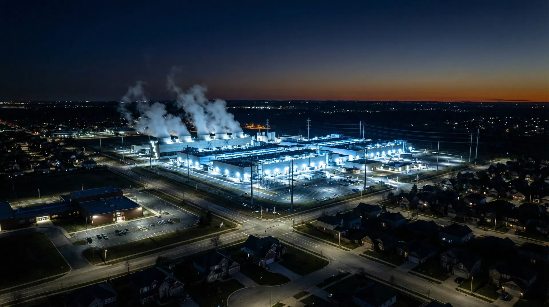 AI data center complex at night surrounded by residential neighborhood