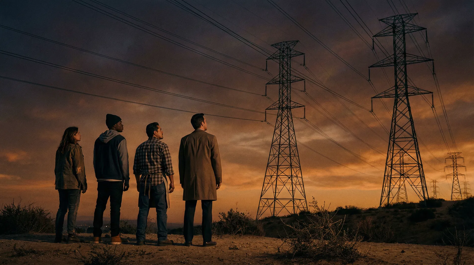 Citizens standing before power lines at dusk