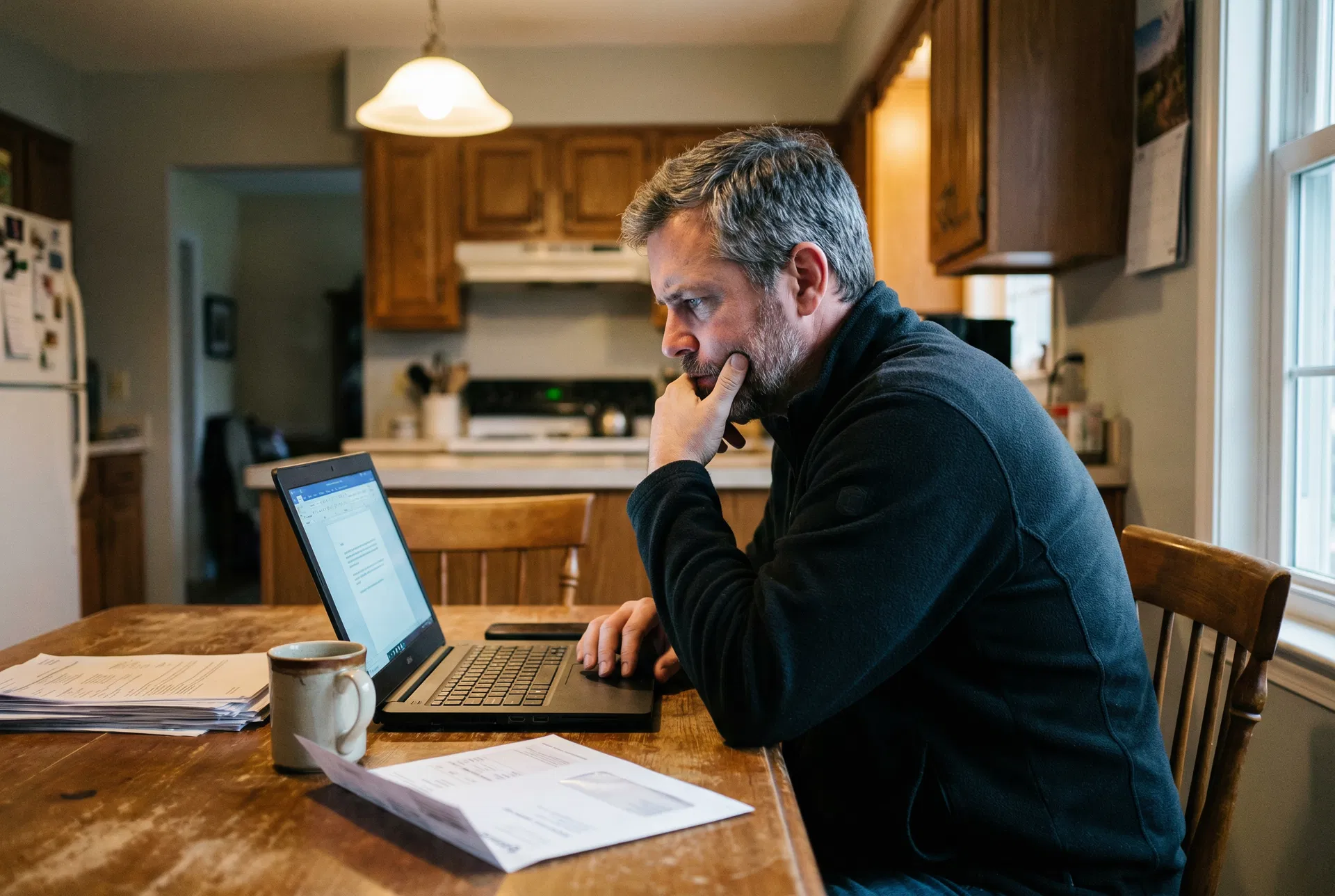 Displaced worker reviewing documents at kitchen table