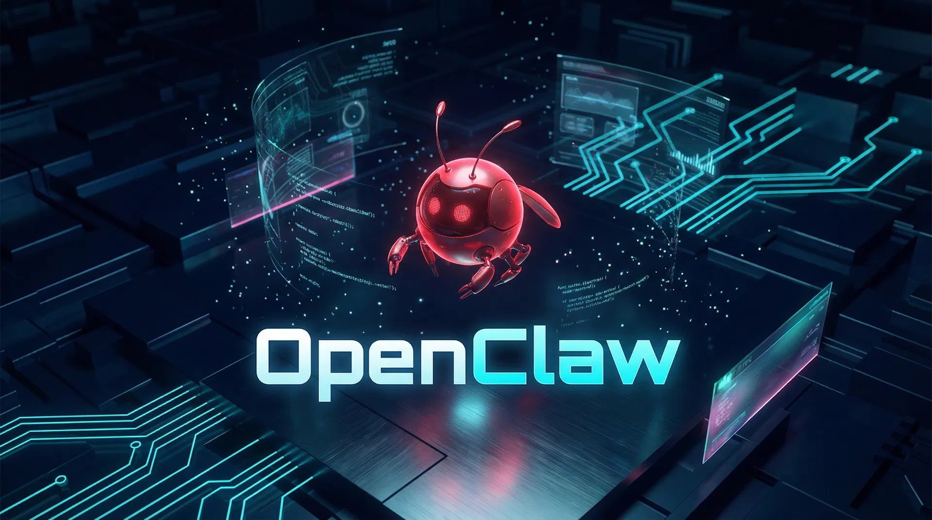 OpenClaw AI agent platform — red bug mascot on futuristic circuit board