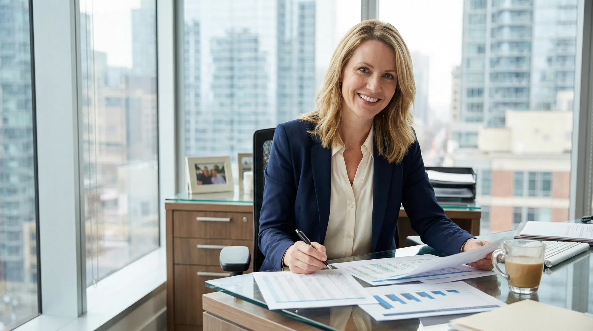 Professional female business executive reviewing commercial lending documents