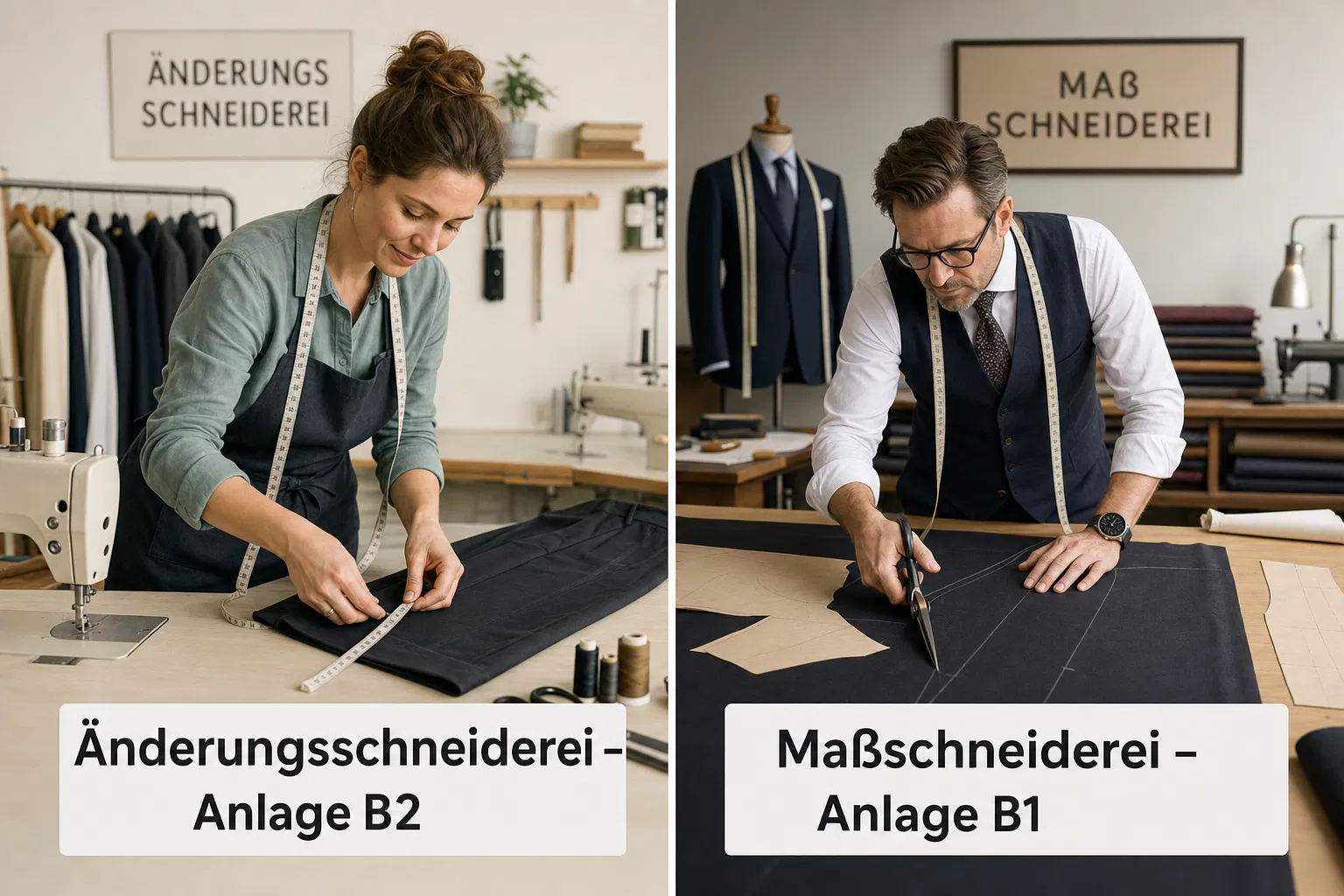 Split-Bild: Änderungsschneiderei Anlage B2 links, Maßschneiderei Anlage B1 rechts