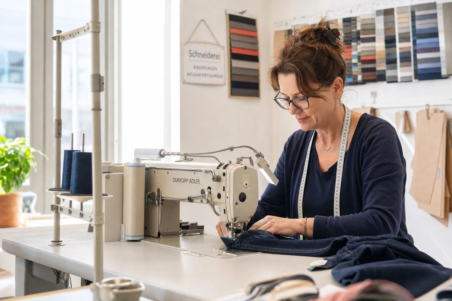 Änderungsschneiderin an Industrie-Nähmaschine in hellem Schneideratelier – Änderungsschneiderei eröffnen