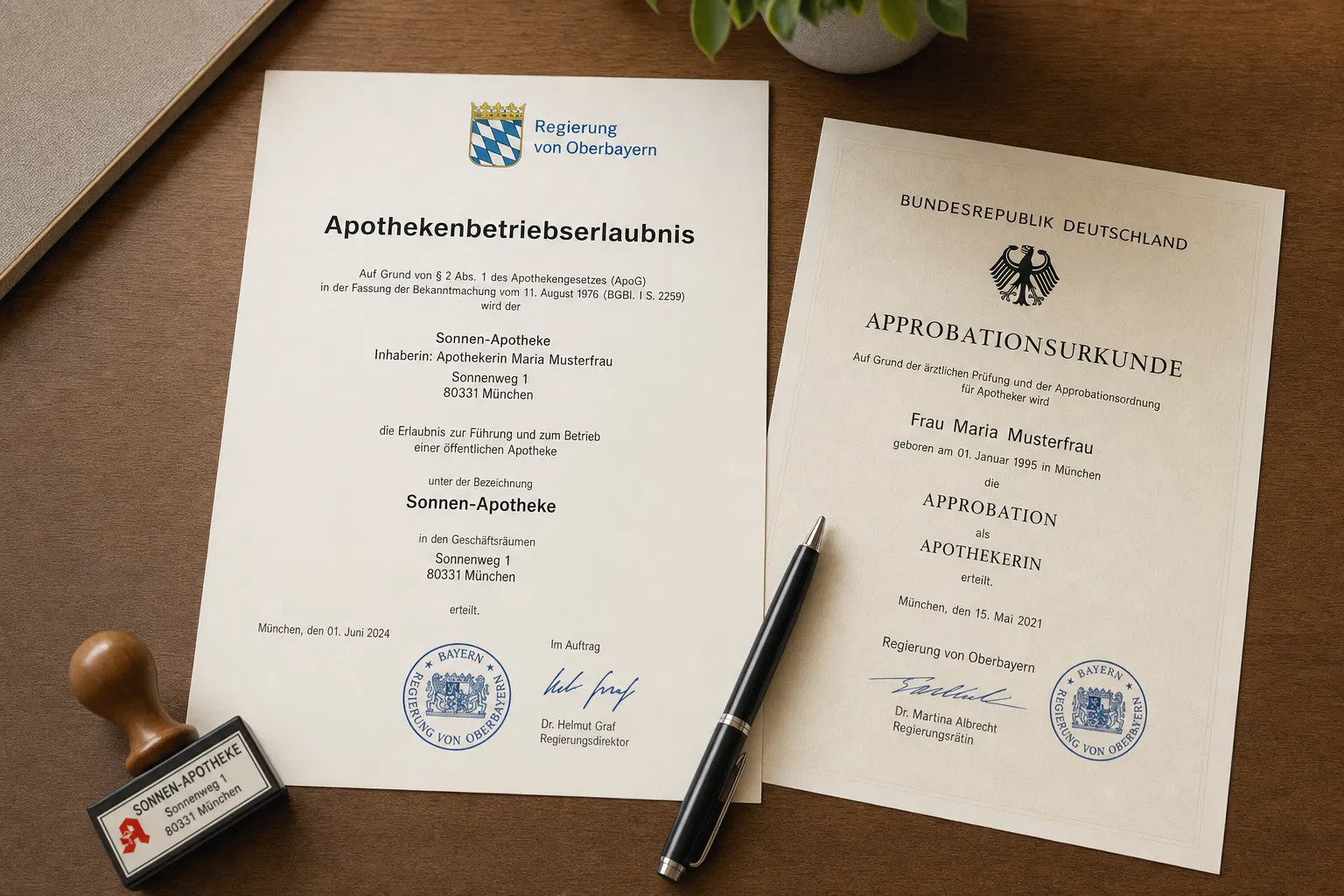 Apothekenbetriebserlaubnis und Approbationsurkunde auf Holztisch – Genehmigungen für die Apothekengründung