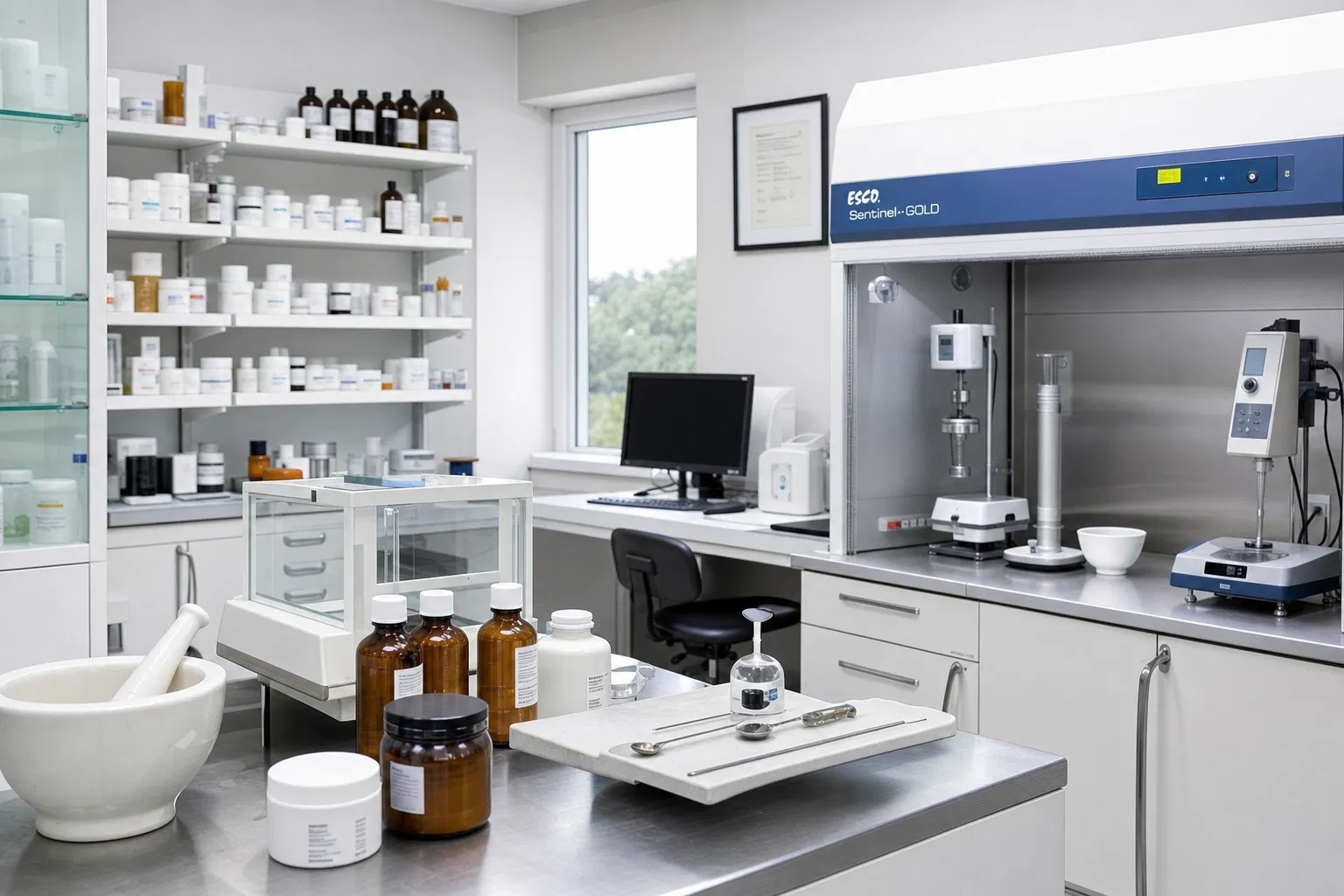 Apothekenlaboratorium mit Rezepturwerkbank, Mörser, Messgeräten und Sterilwerkbank – Laborpflicht nach ApBetrO