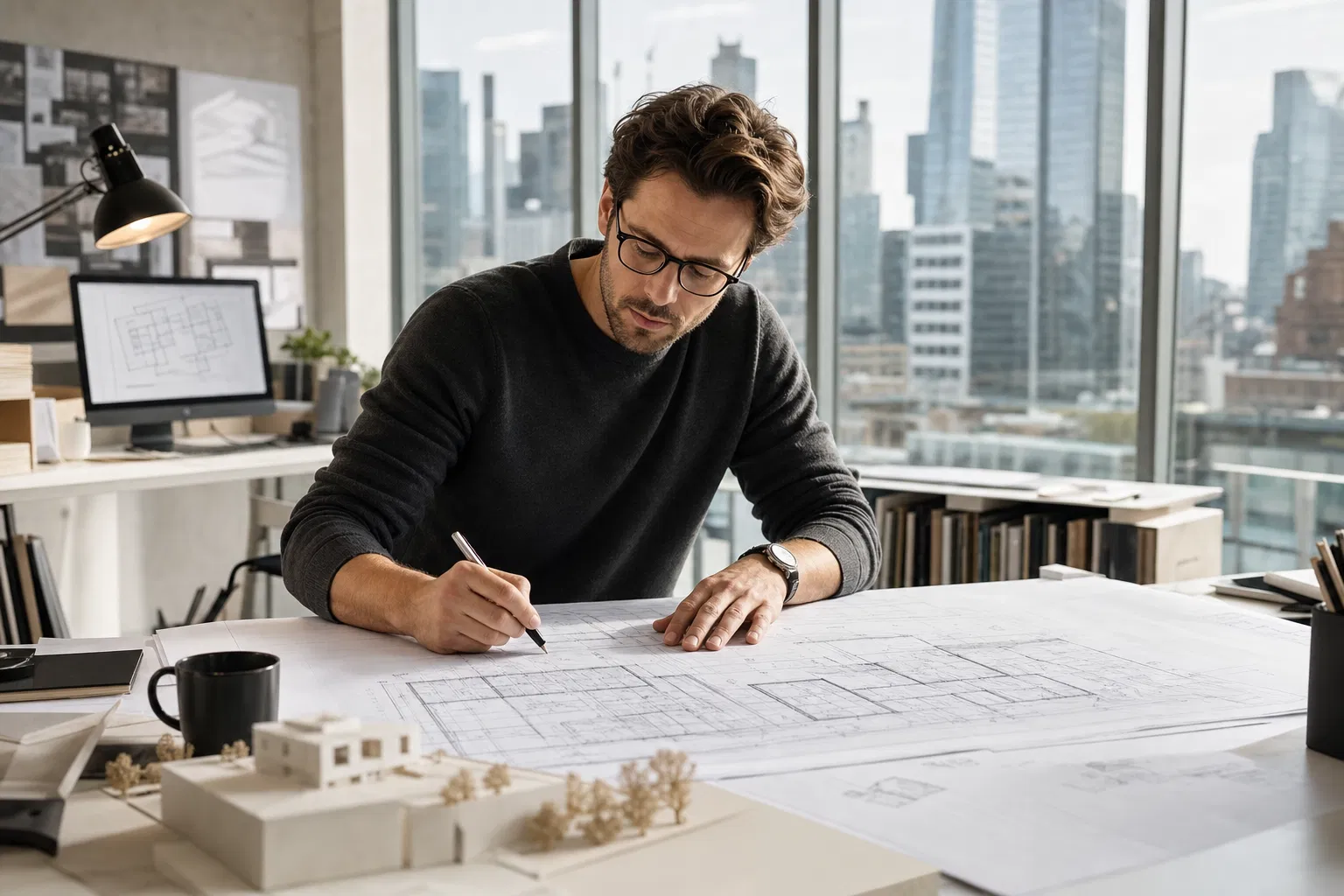 Architekt im modernen Büro mit Bauplänen – Als Architekt selbstständig machen 2026