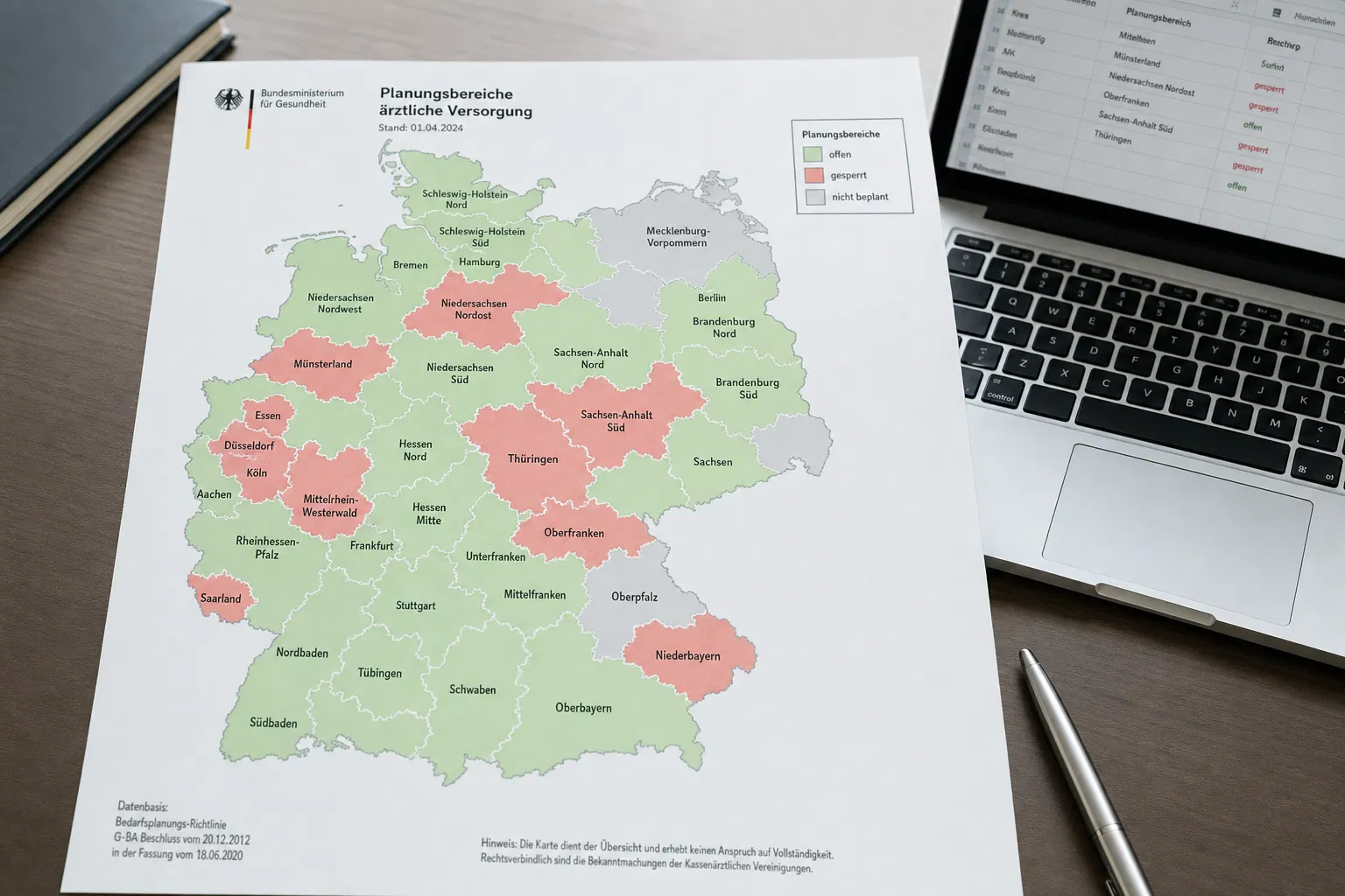 Planungsbereichs-Karte Deutschland mit gesperrten (rot) und offenen (grün) Gebieten – Bedarfsplanung Kassenärztliche Vereinigung