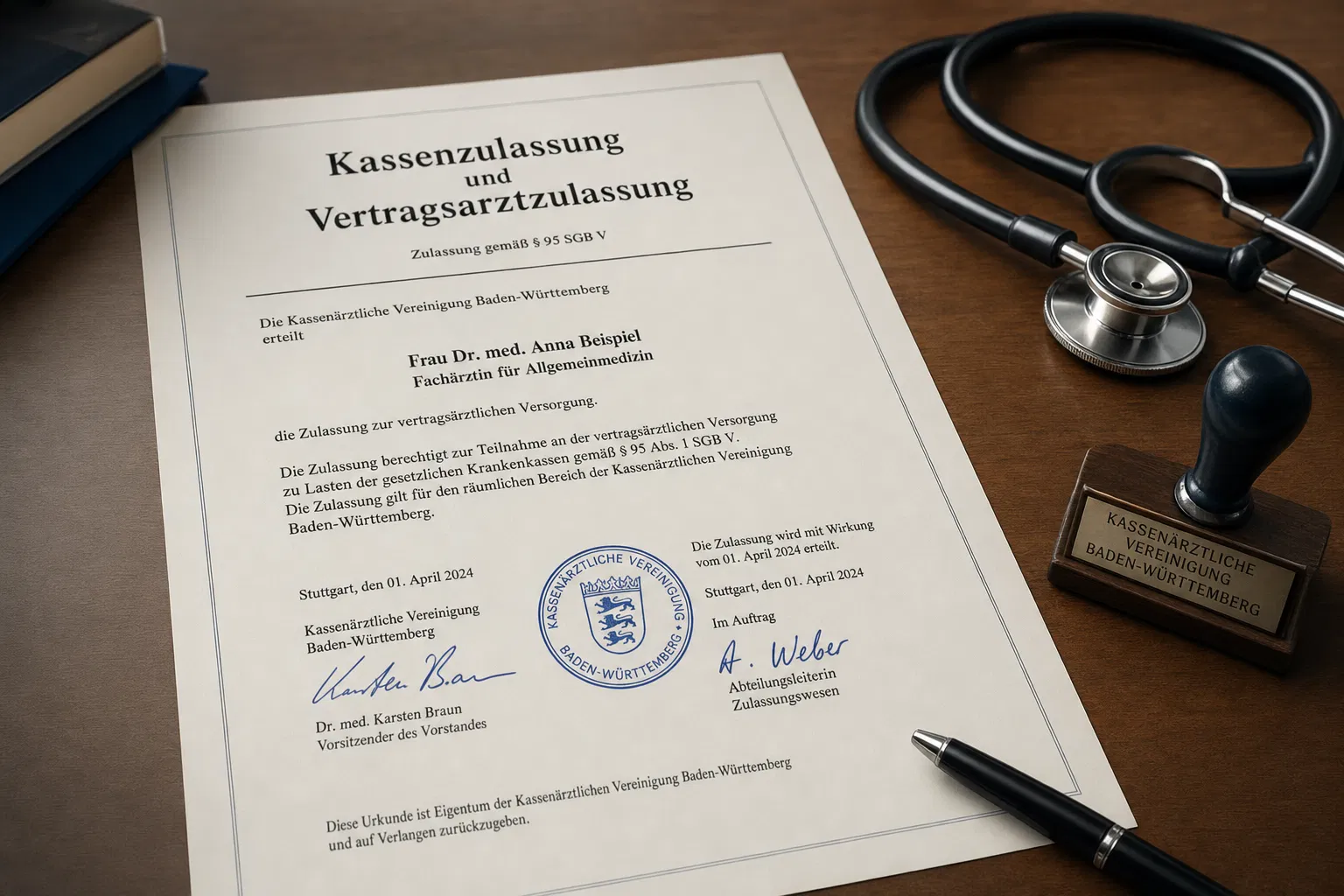 Kassenzulassungs-Urkunde der Kassenärztlichen Vereinigung auf Holztisch mit Stethoskop – Vertragsarztzulassung § 95 SGB V