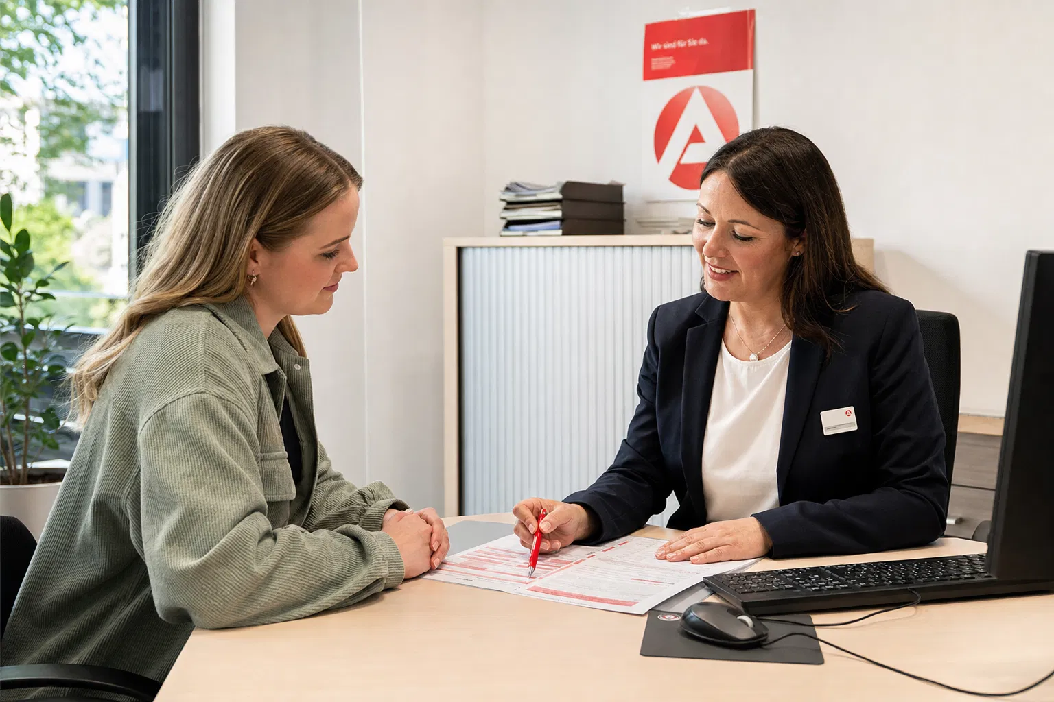 Frau beantragt AVGS bei der Agentur für Arbeit – Beratungsgespräch
