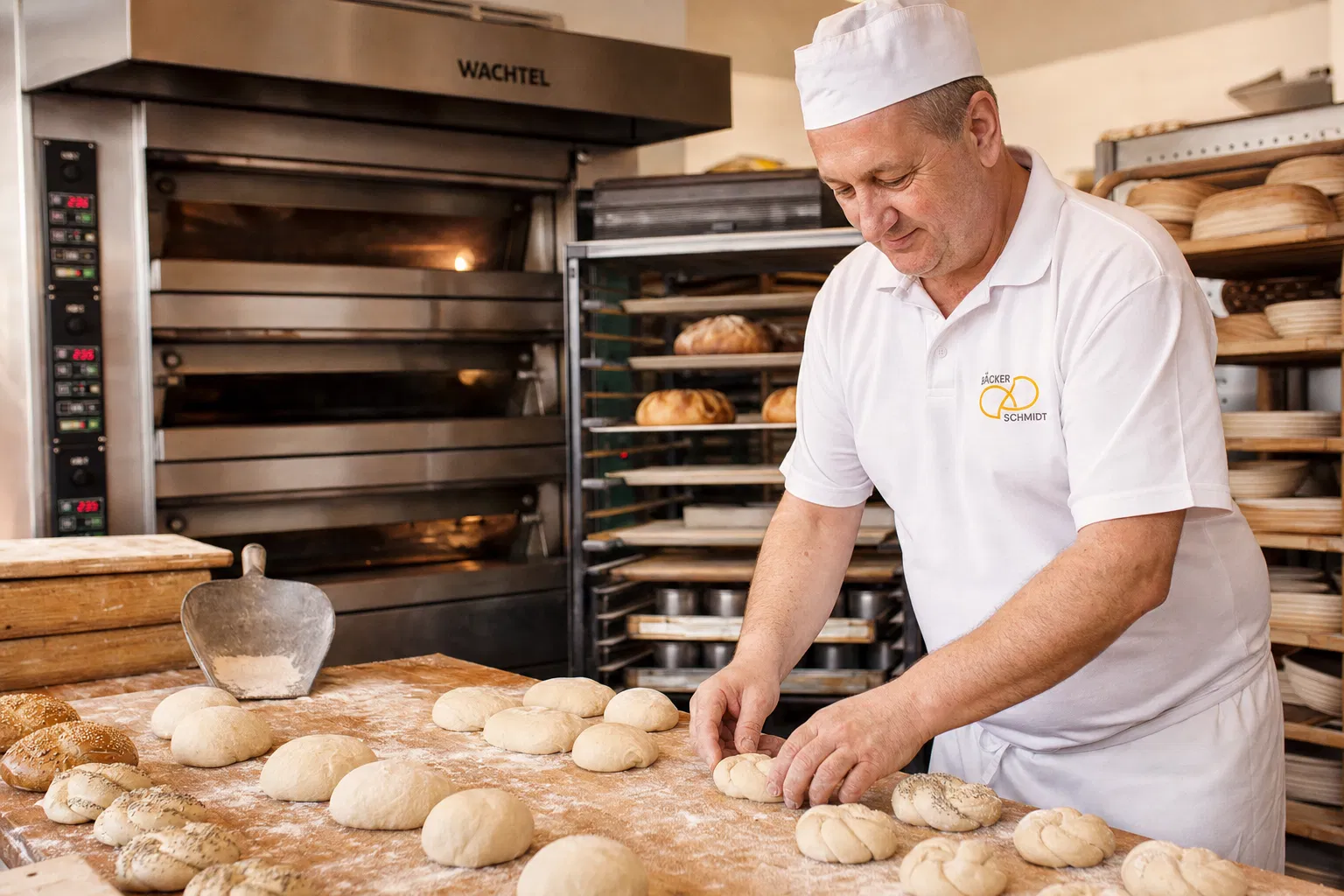 Bäcker in der Backstube beim Formen von frischen Brötchen
