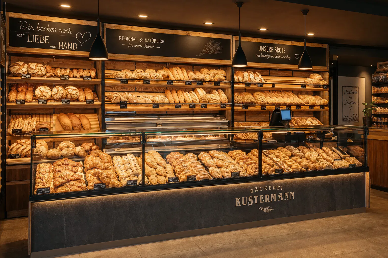 Modernes Bäckerei-Ladenlokal mit frischen Backwaren in der Auslage