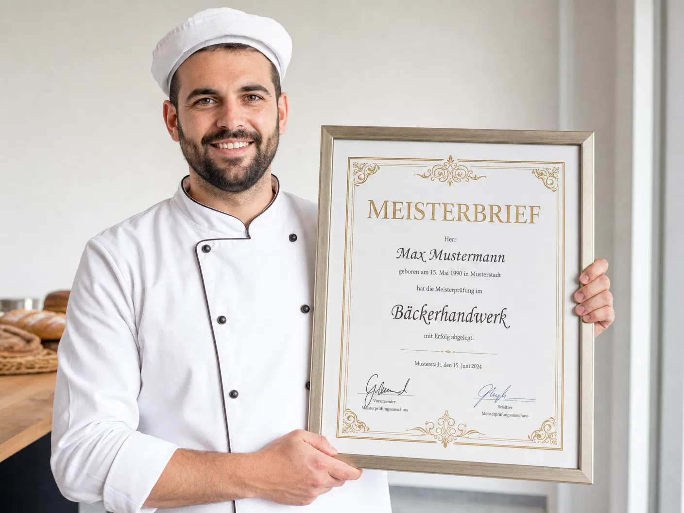 Bäcker mit Meisterdiplom in seiner Bäckerei