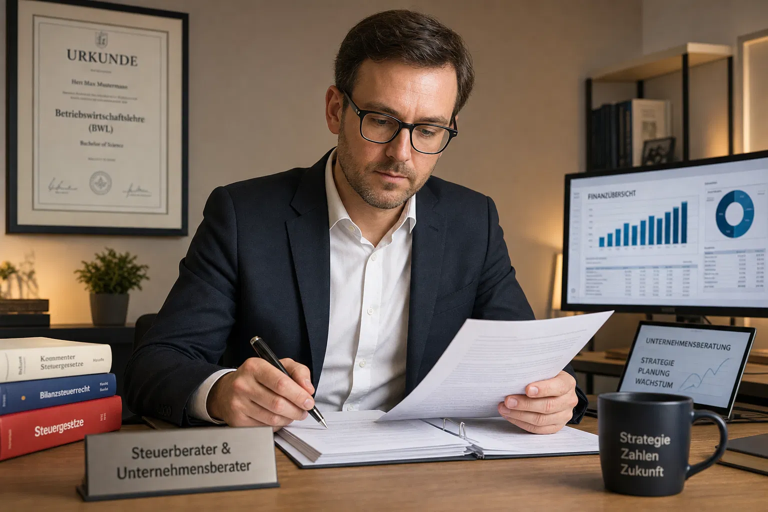 Steuerberater und Unternehmensberater pruefen Rechtsdokumente – Freiberufler vs. Gewerbe fuer Beratungsfirmen