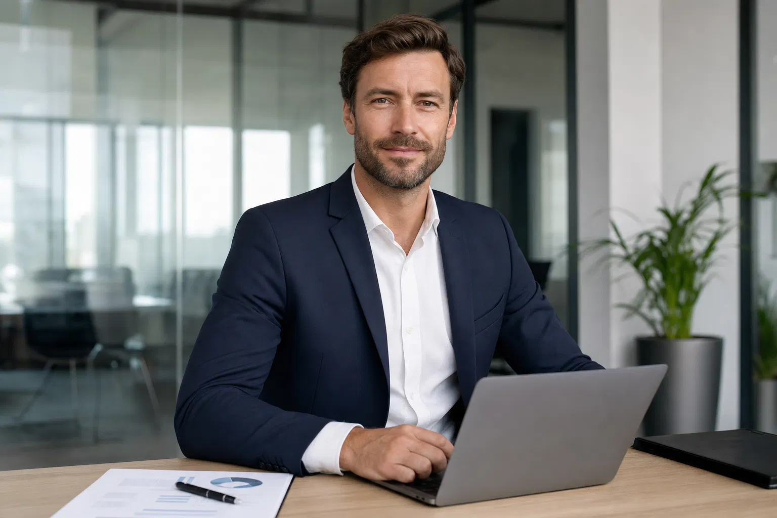 Unternehmensberater am Schreibtisch mit Laptop – Beratungsfirma gruenden 2026