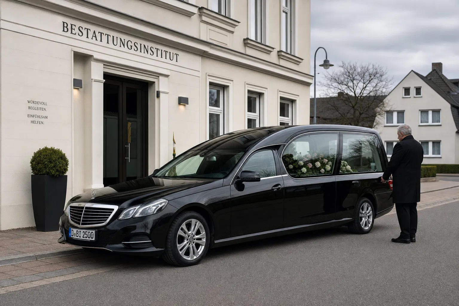 Schwarzer Leichenwagen vor einem Bestattungsinstitut