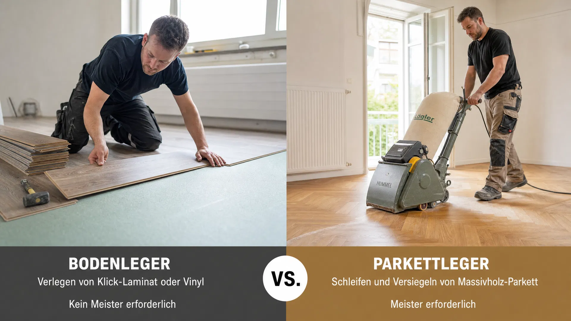 Vergleich Bodenleger vs. Parkettleger – Klick-Laminat und Massivparkett-Schleifen