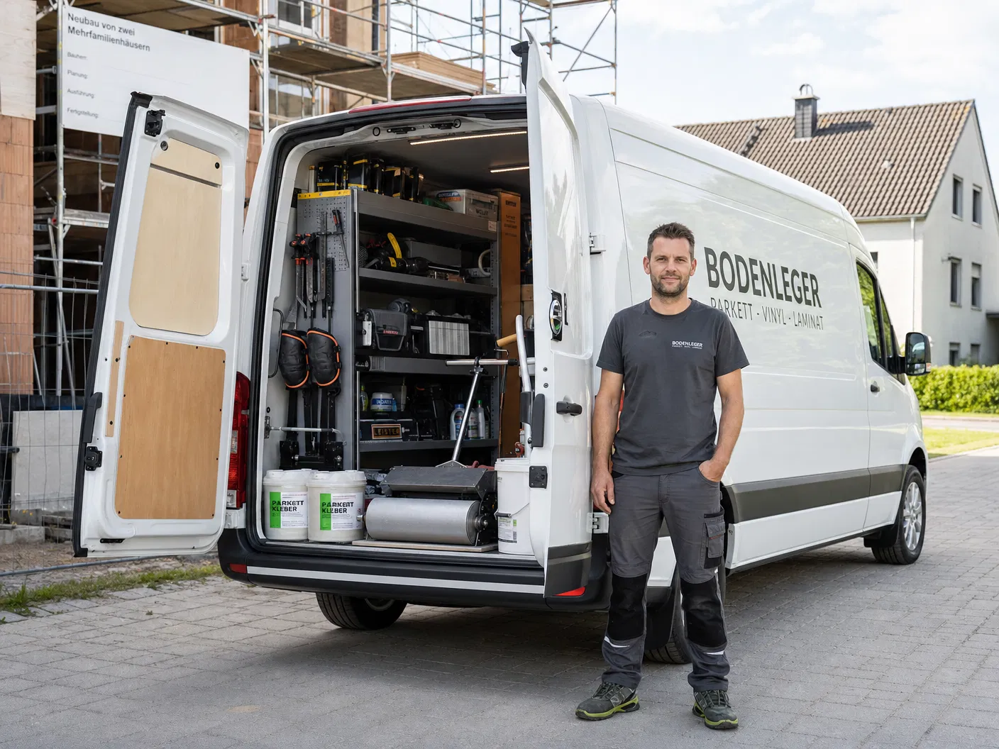 Weißer Transporter mit Bodenleger-Werkzeug – Kastenwagen als mobiles Büro