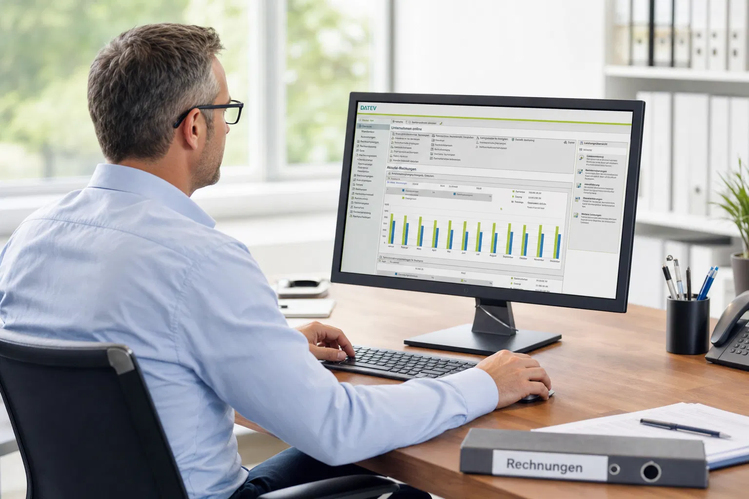 Buchhalter arbeitet mit DATEV-Software am Computer – professionelle Buchhaltungssoftware für Selbstständige