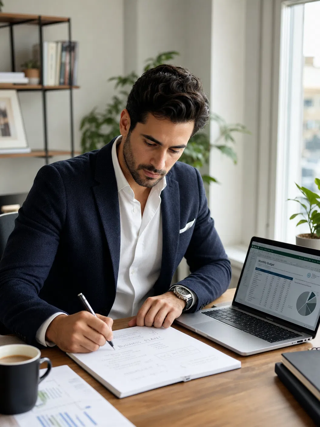 Gründer arbeitet konzentriert an seinem Businessplan am Laptop