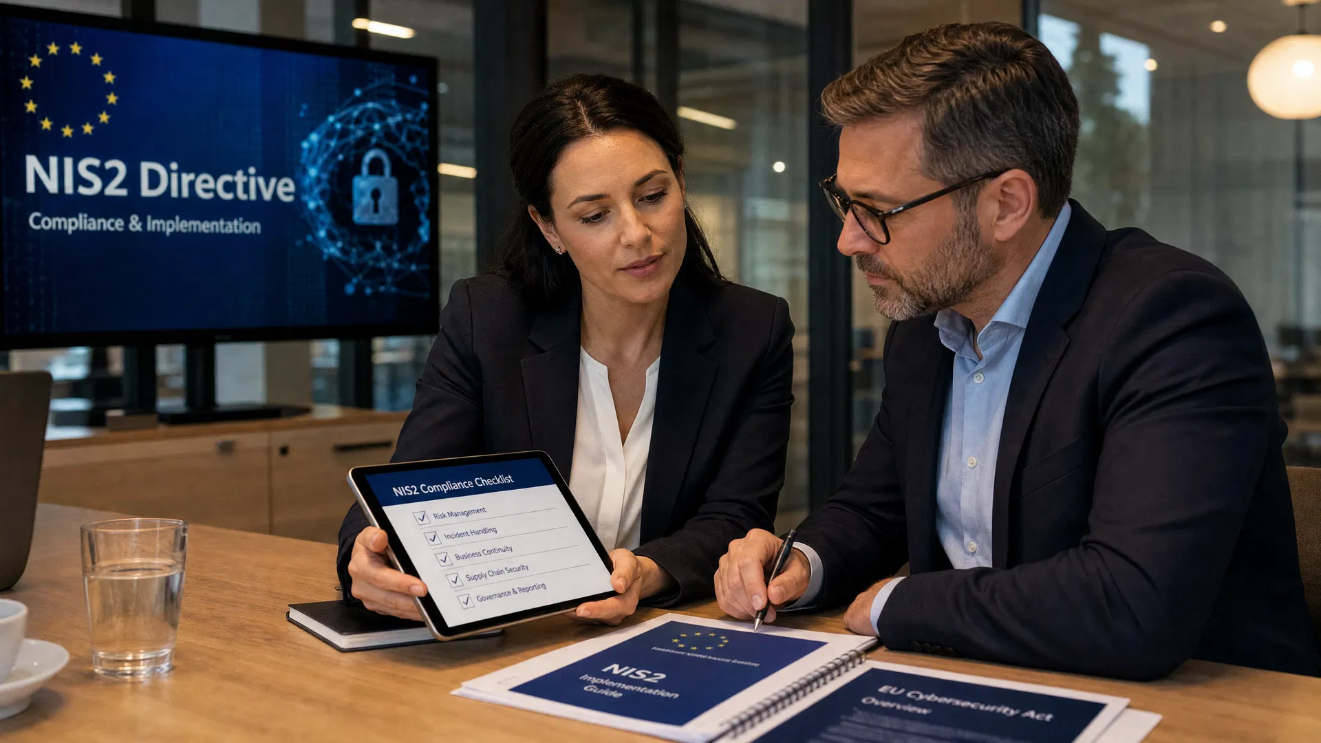 Zwei Berater besprechen NIS2-Compliance-Checkliste – NIS2 als Geschäftsmodell 2026