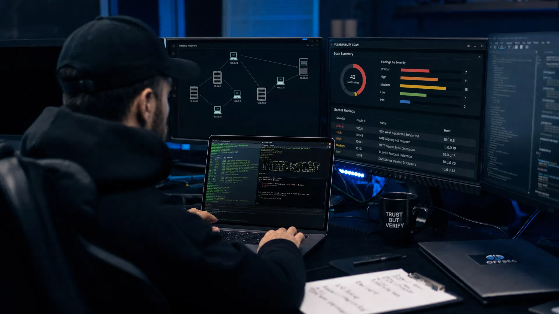 Ethical Hacker beim Penetration Test mit Vulnerability-Scan-Dashboard – Pentesting legal § 202a StGB