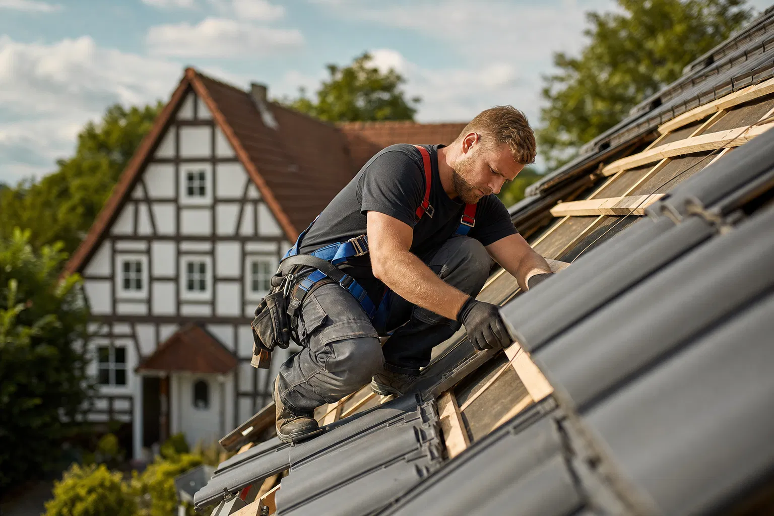 Selbstständiger Dachdecker verlegt Dachziegel auf einem deutschen Wohnhaus