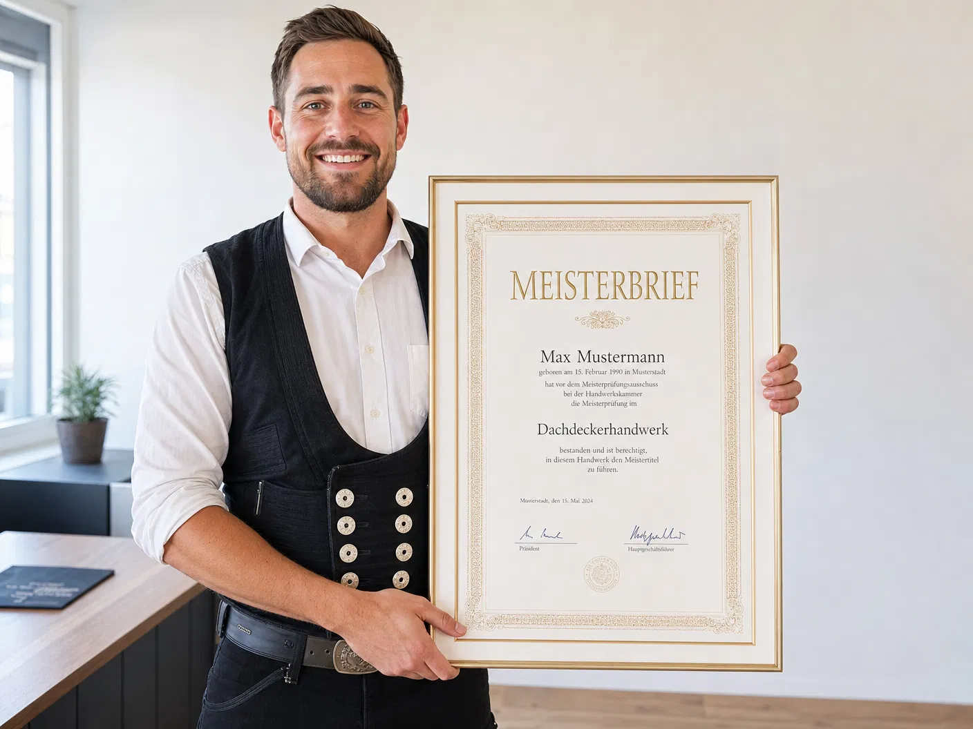Dachdeckermeister hält seinen Meisterbrief in der Werkstatt