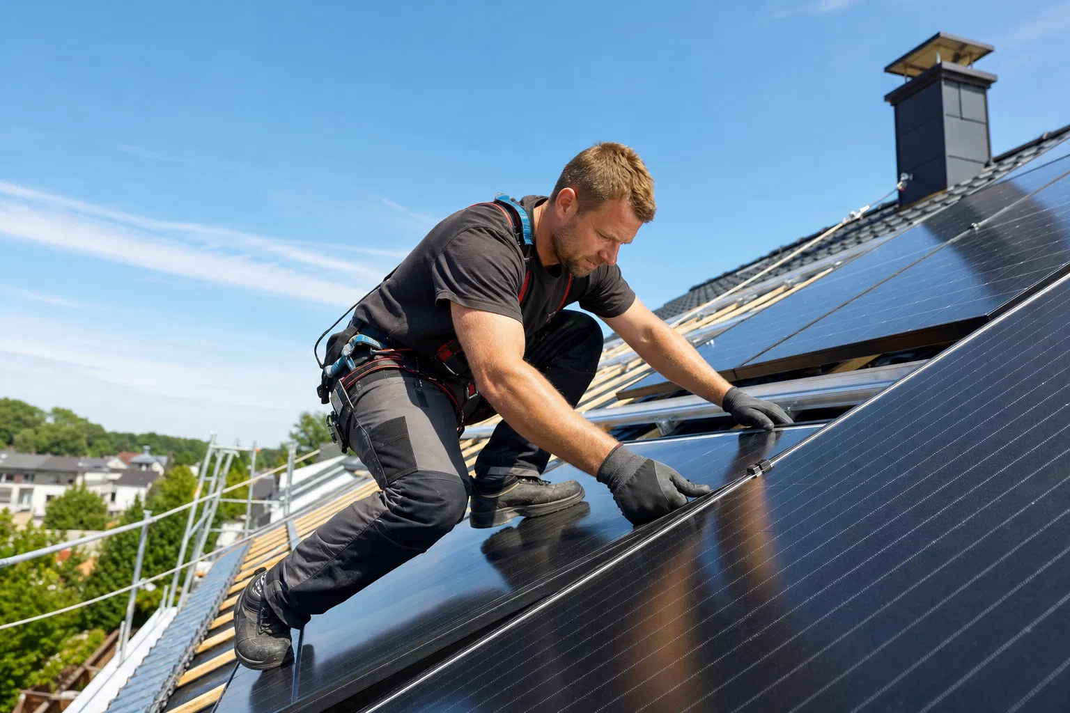 Dachdecker montiert Photovoltaik-Solarmodule auf einem Wohnhausdach