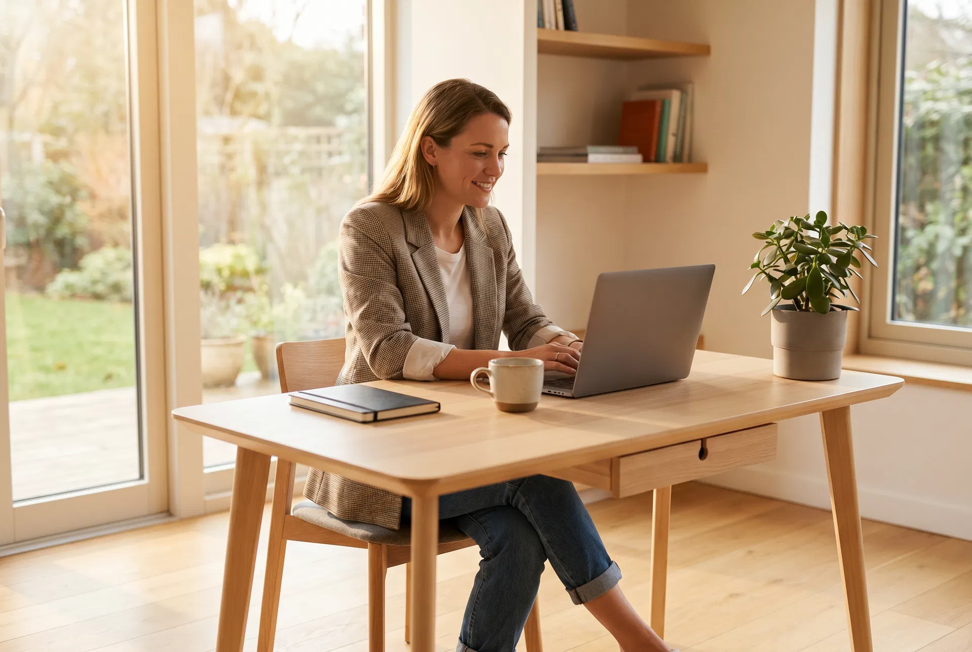 Selbstständige Dienstleisterin arbeitet am Laptop im Homeoffice