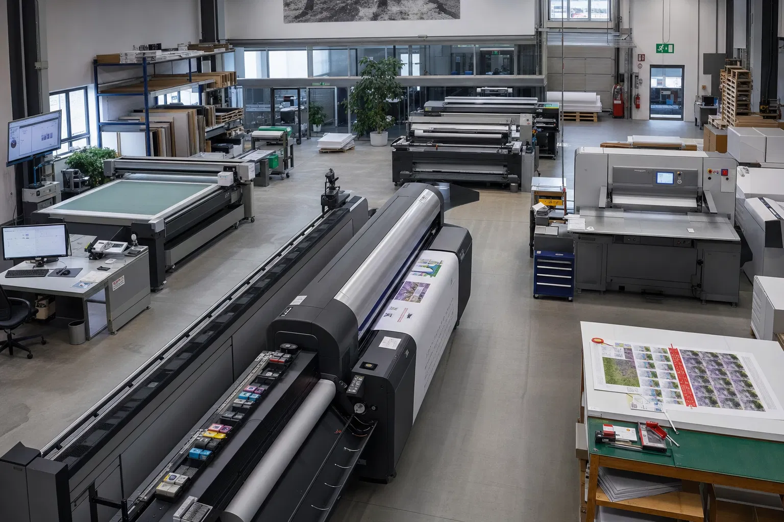 Moderner Druckereibetrieb mit Großformatdruckern und Weiterverarbeitungsmaschinen – Maschinenpark Druckerei