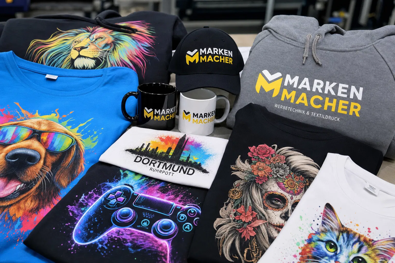 Bunte bedruckte T-Shirts und Merchandise auf Produktionstisch – DTF Textildruck Nische Druckerei