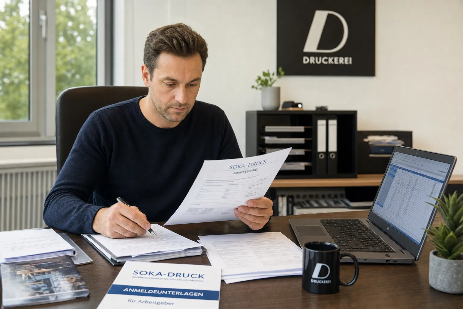 Druckerei-Inhaber prüft Soka-Druck Anmeldeunterlagen am Schreibtisch – Soka-Druck Druckerei